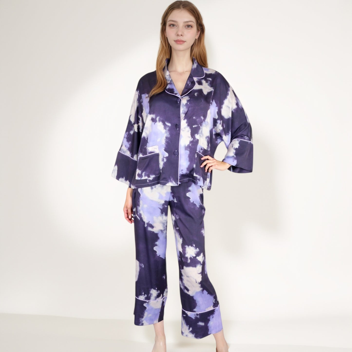 Anna-Kaci Lounge Women's Satin Pajama Set with Cloud Print Long Sleeve Button Top and Wide Leg Pants