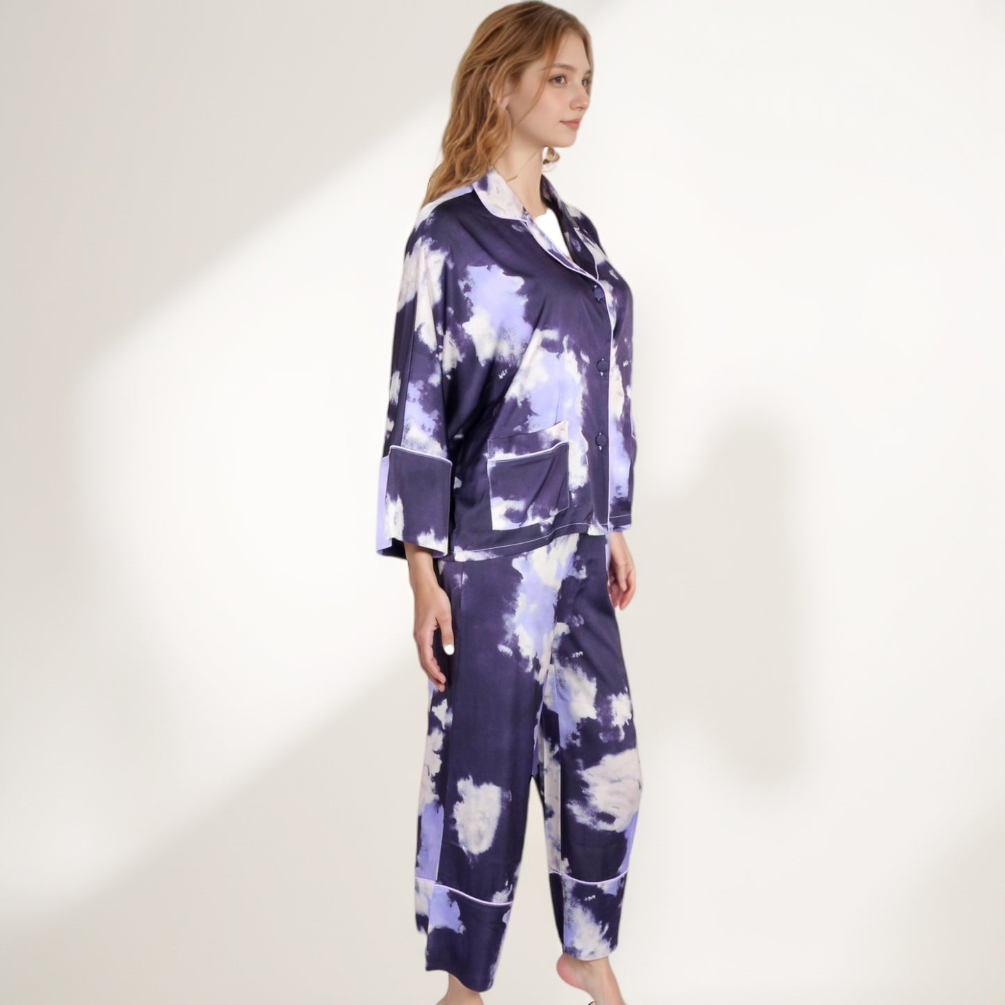 Anna-Kaci Lounge Women's Satin Pajama Set with Cloud Print Long Sleeve Button Top and Wide Leg Pants