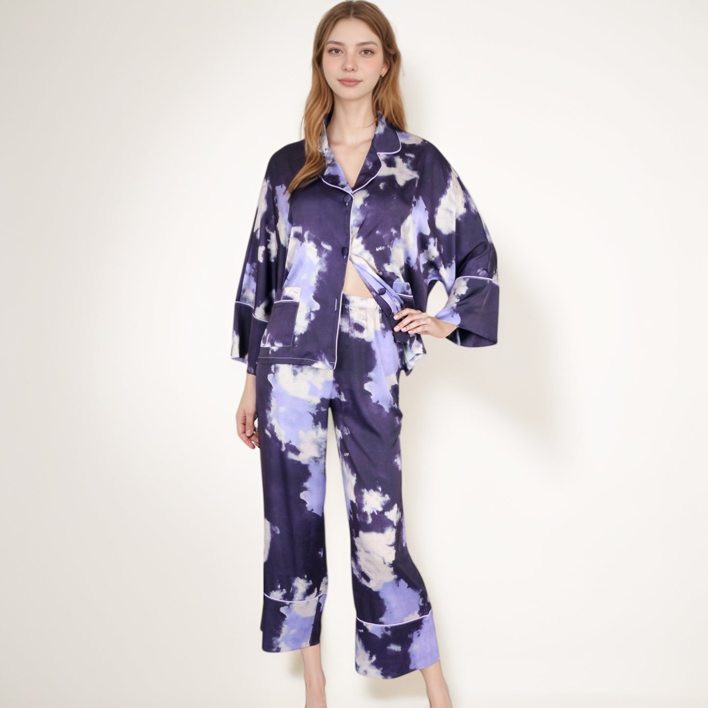 Anna-Kaci Lounge Women's Satin Pajama Set with Cloud Print Long Sleeve Button Top and Wide Leg Pants