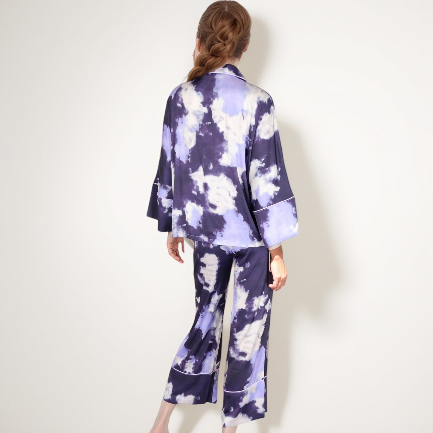 Anna-Kaci Lounge Women's Satin Pajama Set with Cloud Print Long Sleeve Button Top and Wide Leg Pants