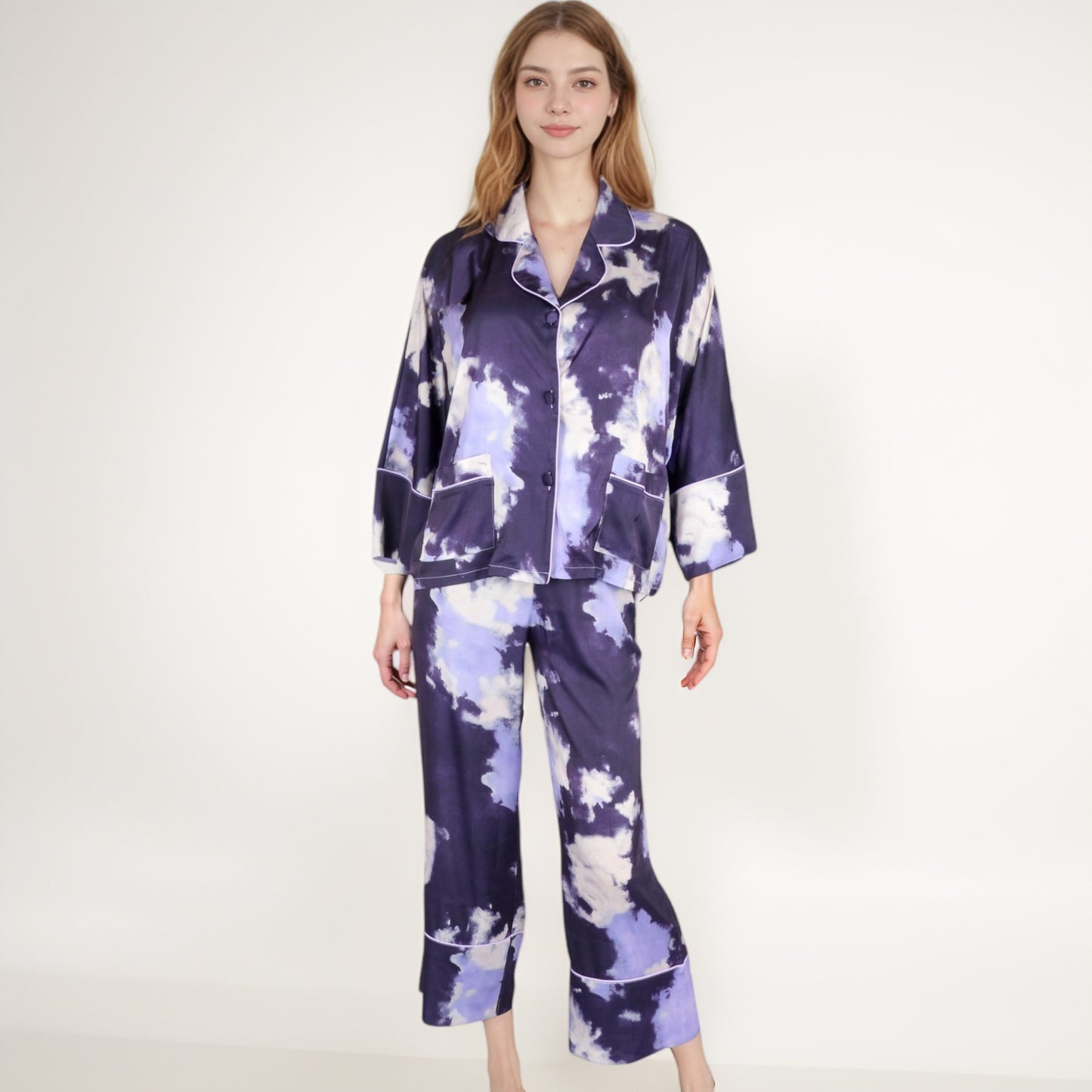 Anna-Kaci Lounge Women's Satin Pajama Set with Cloud Print Long Sleeve Button Top and Wide Leg Pants