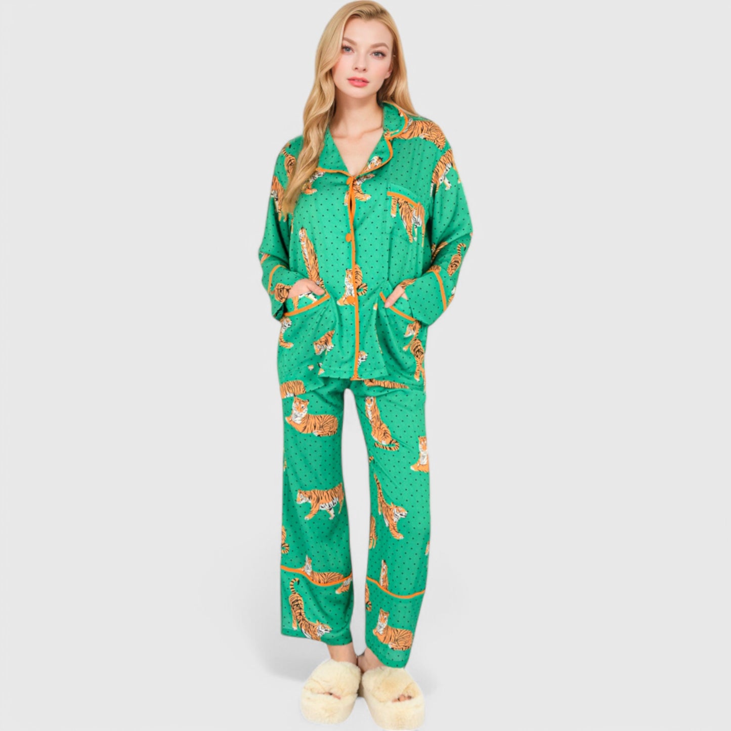 Anna-Kaci Lounge Women's Printed Satin Pajama Set with Long Sleeve Button-Up Top and Contrast Piping