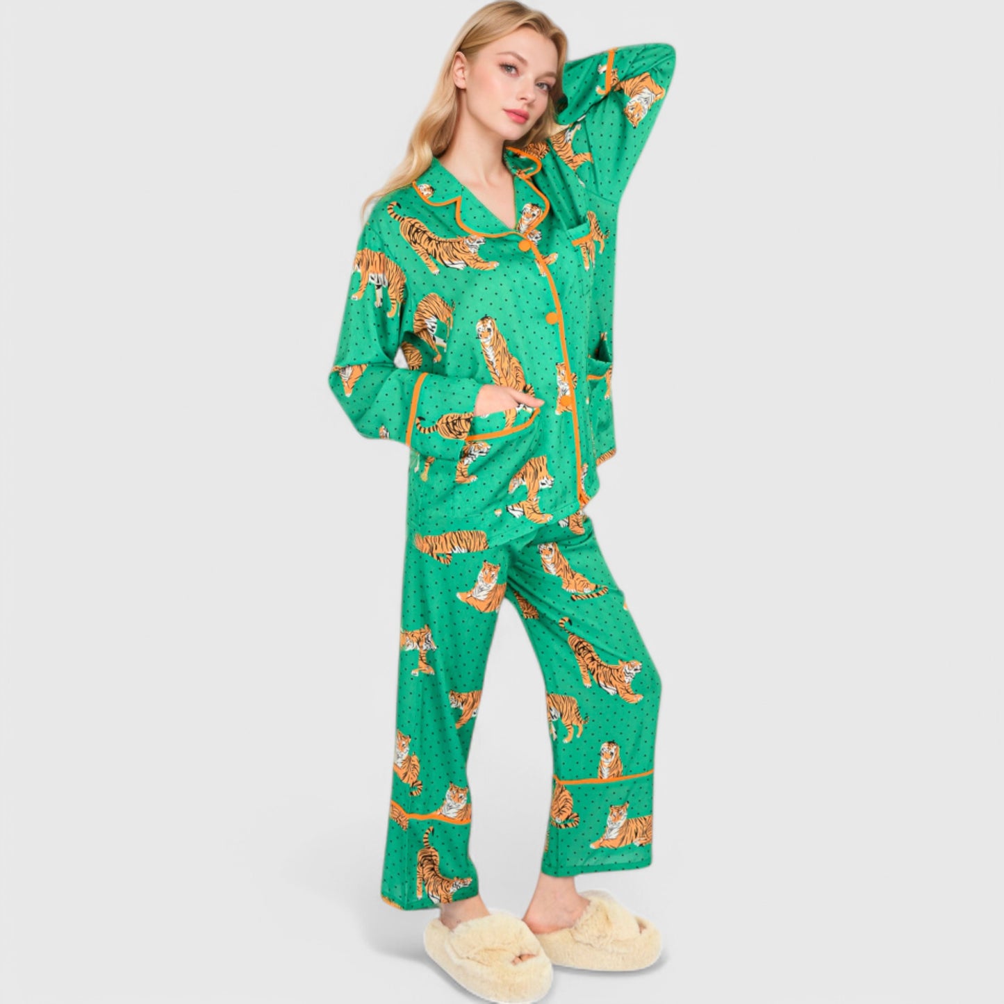 Anna-Kaci Lounge Women's Printed Satin Pajama Set with Long Sleeve Button-Up Top and Contrast Piping