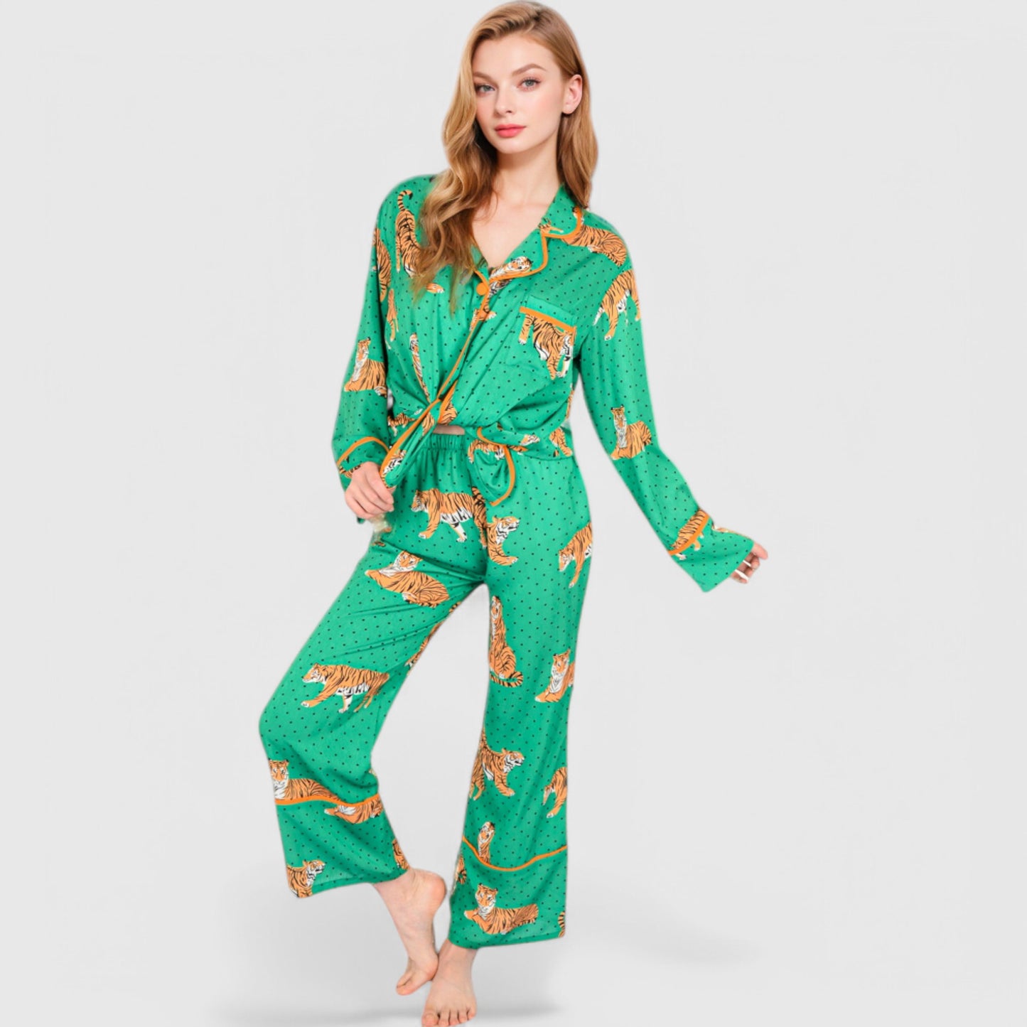 Anna-Kaci Lounge Women's Printed Satin Pajama Set with Long Sleeve Button-Up Top and Contrast Piping