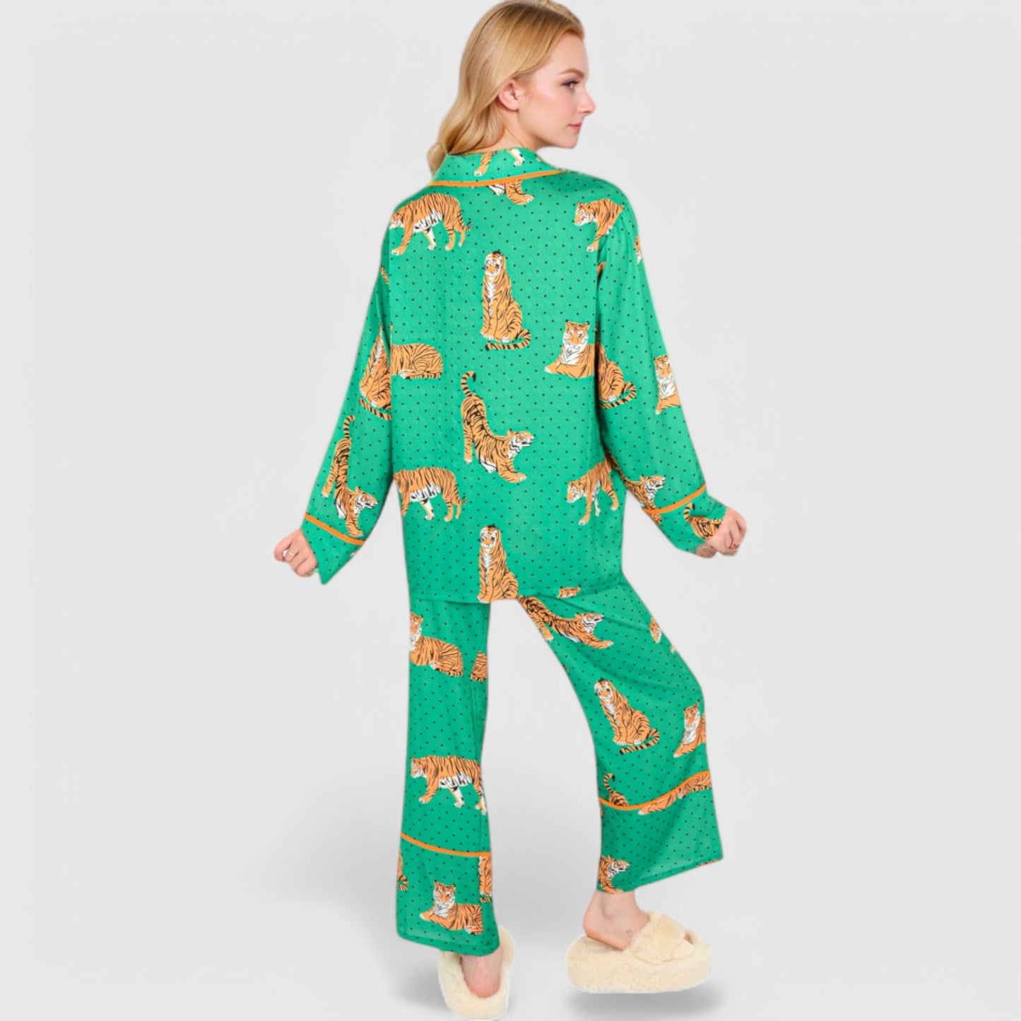 Anna-Kaci Lounge Women's Printed Satin Pajama Set with Long Sleeve Button-Up Top and Contrast Piping