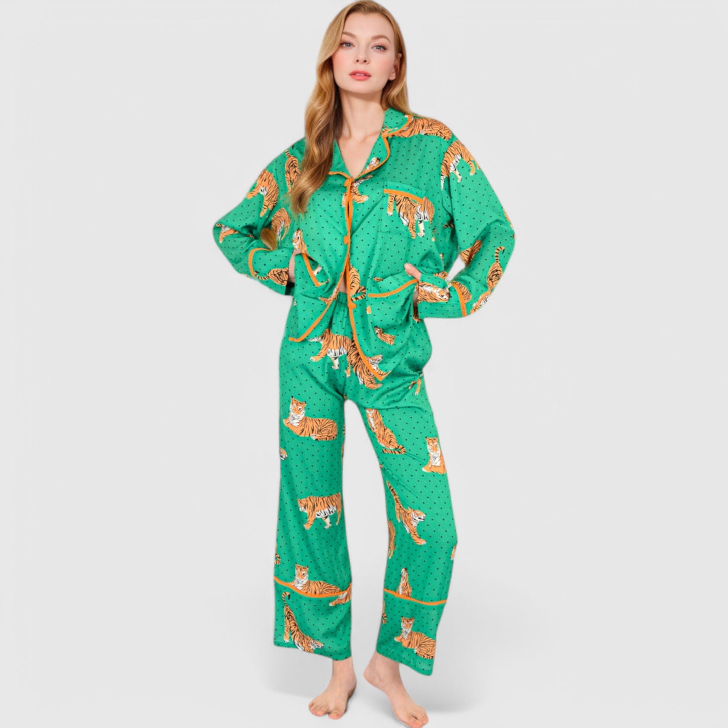 Anna-Kaci Lounge Women's Printed Satin Pajama Set with Long Sleeve Button-Up Top and Contrast Piping