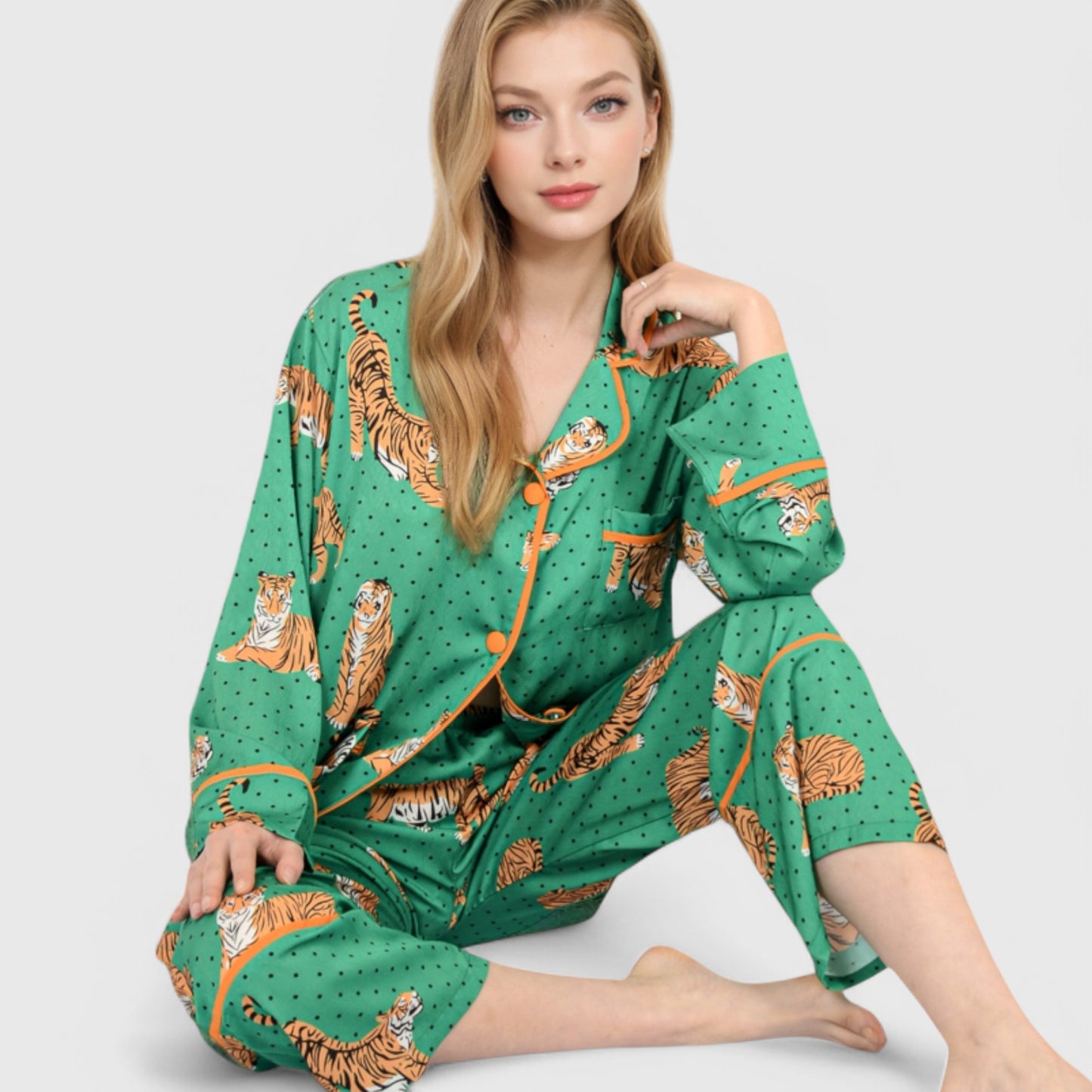 Anna-Kaci Lounge Women's Printed Satin Pajama Set with Long Sleeve Button-Up Top and Contrast Piping