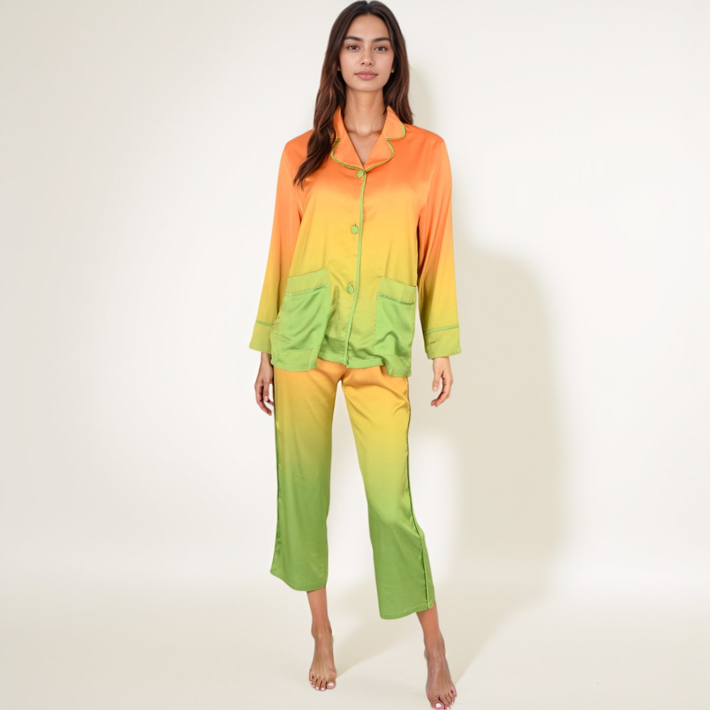Anna-Kaci Lounge Women's Satin Pajama Set with Ombre Gradient Color Block Button Top and Wide Leg Pants
