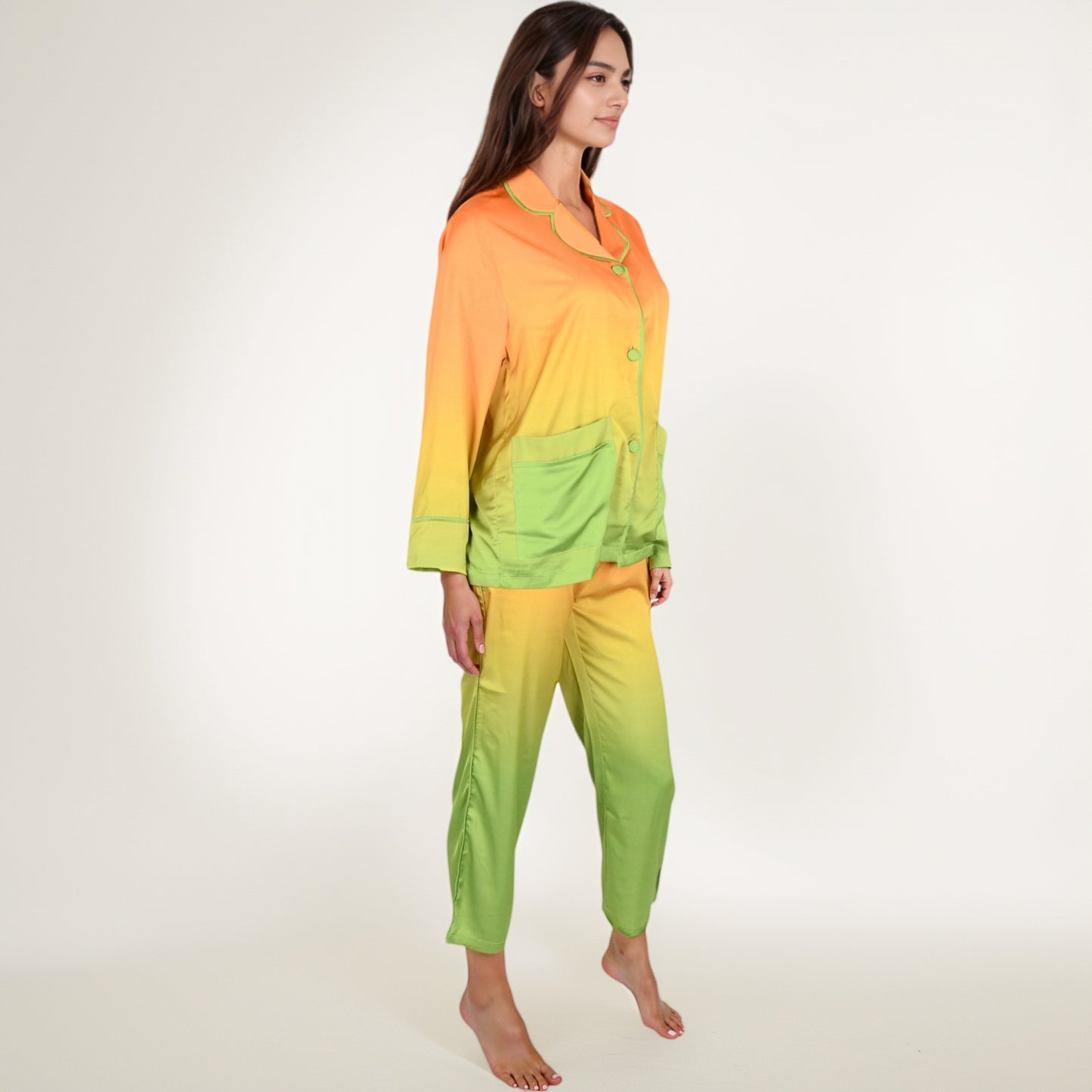 Anna-Kaci Lounge Women's Satin Pajama Set with Ombre Gradient Color Block Button Top and Wide Leg Pants