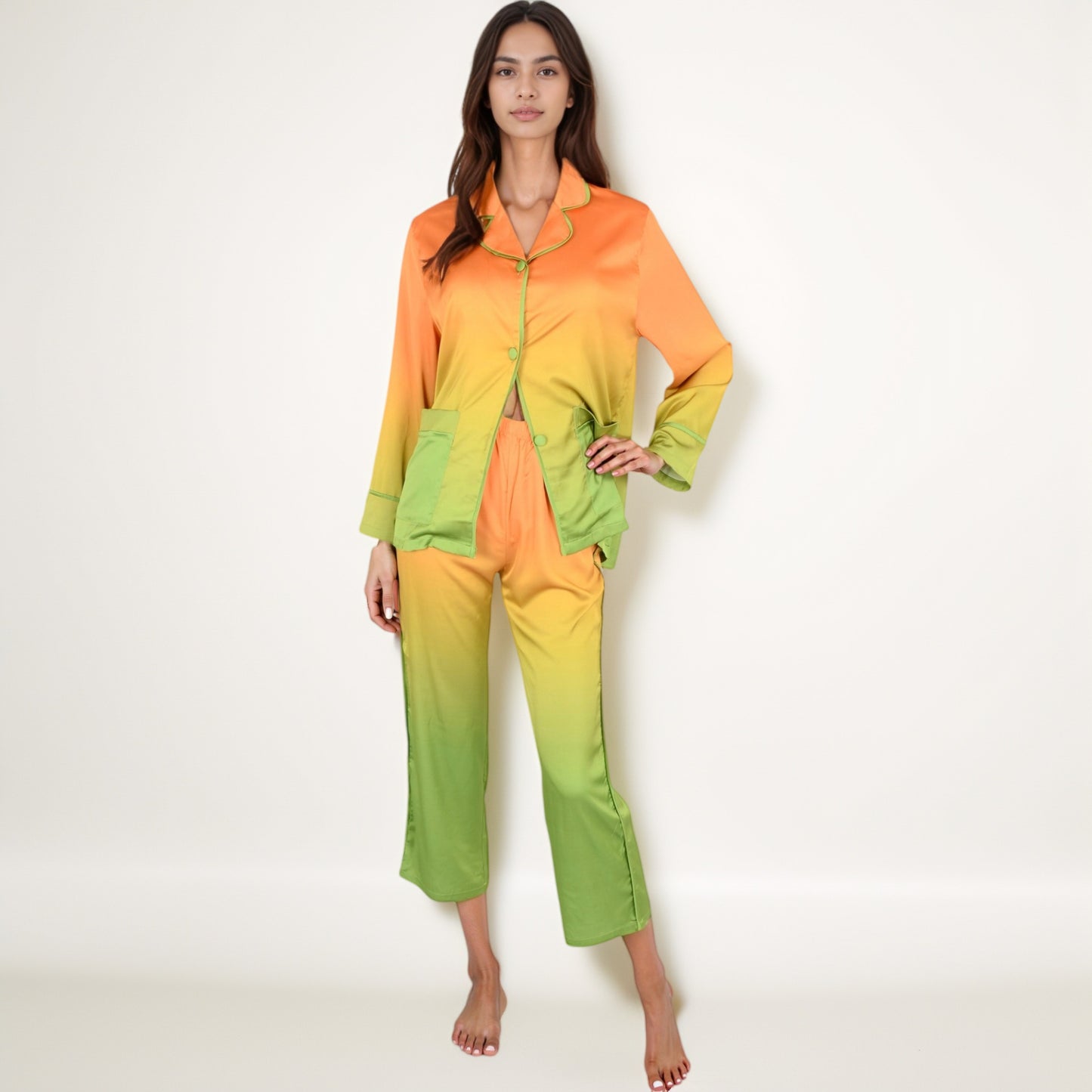 Anna-Kaci Lounge Women's Satin Pajama Set with Ombre Gradient Color Block Button Top and Wide Leg Pants