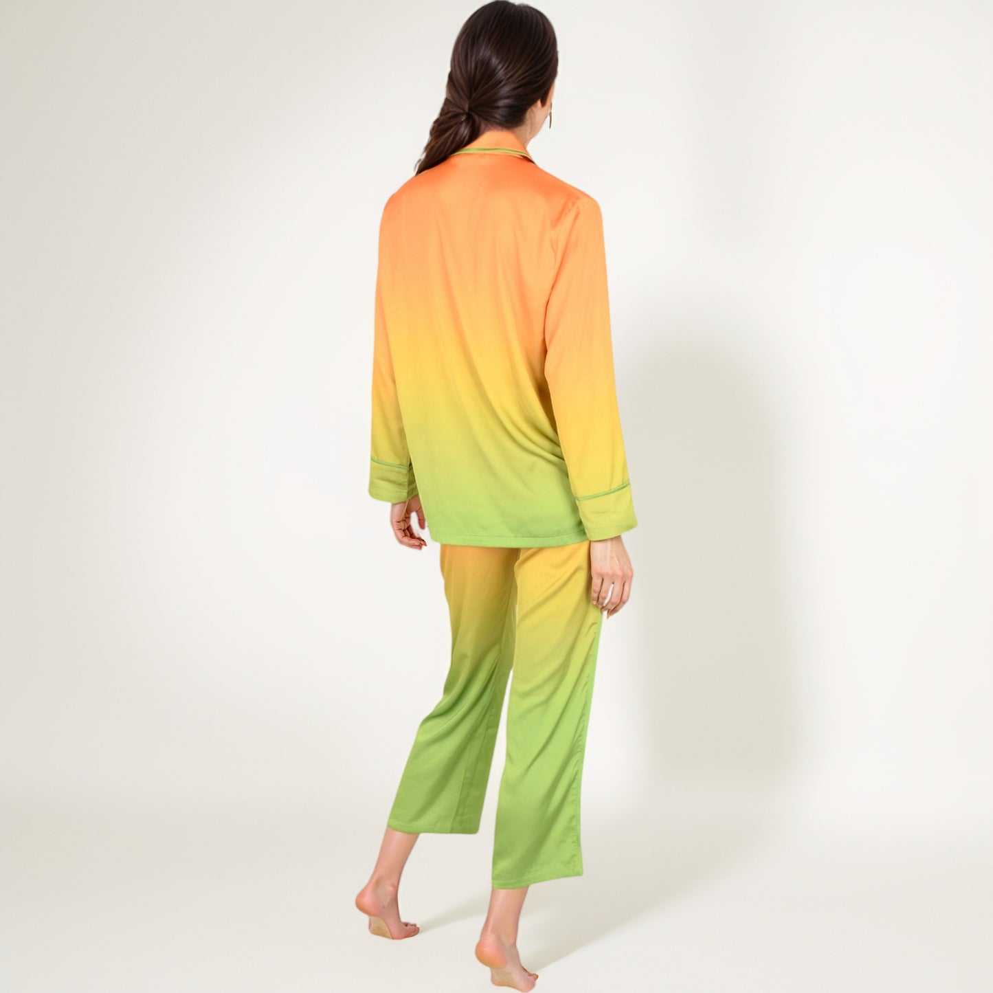 Anna-Kaci Lounge Women's Satin Pajama Set with Ombre Gradient Color Block Button Top and Wide Leg Pants