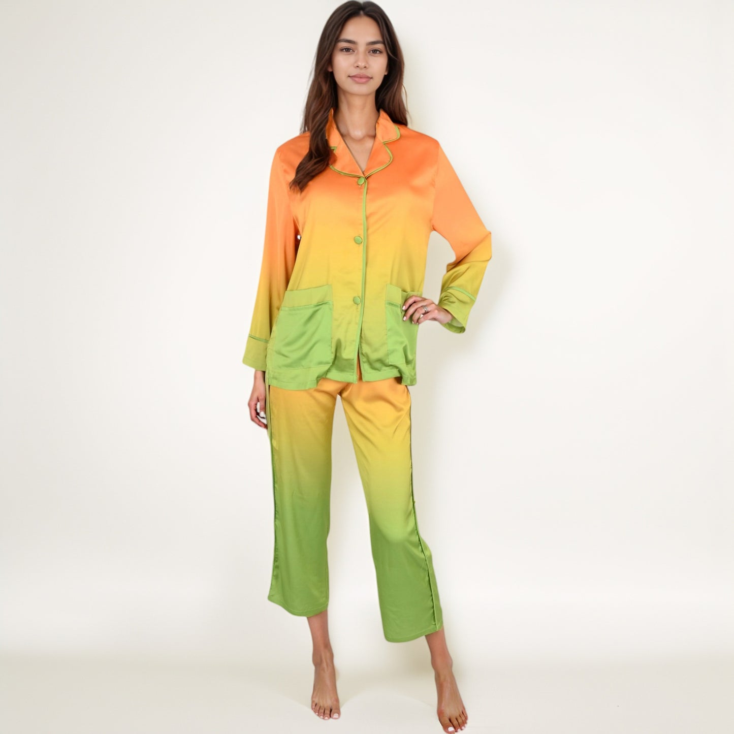 Anna-Kaci Lounge Women's Satin Pajama Set with Ombre Gradient Color Block Button Top and Wide Leg Pants