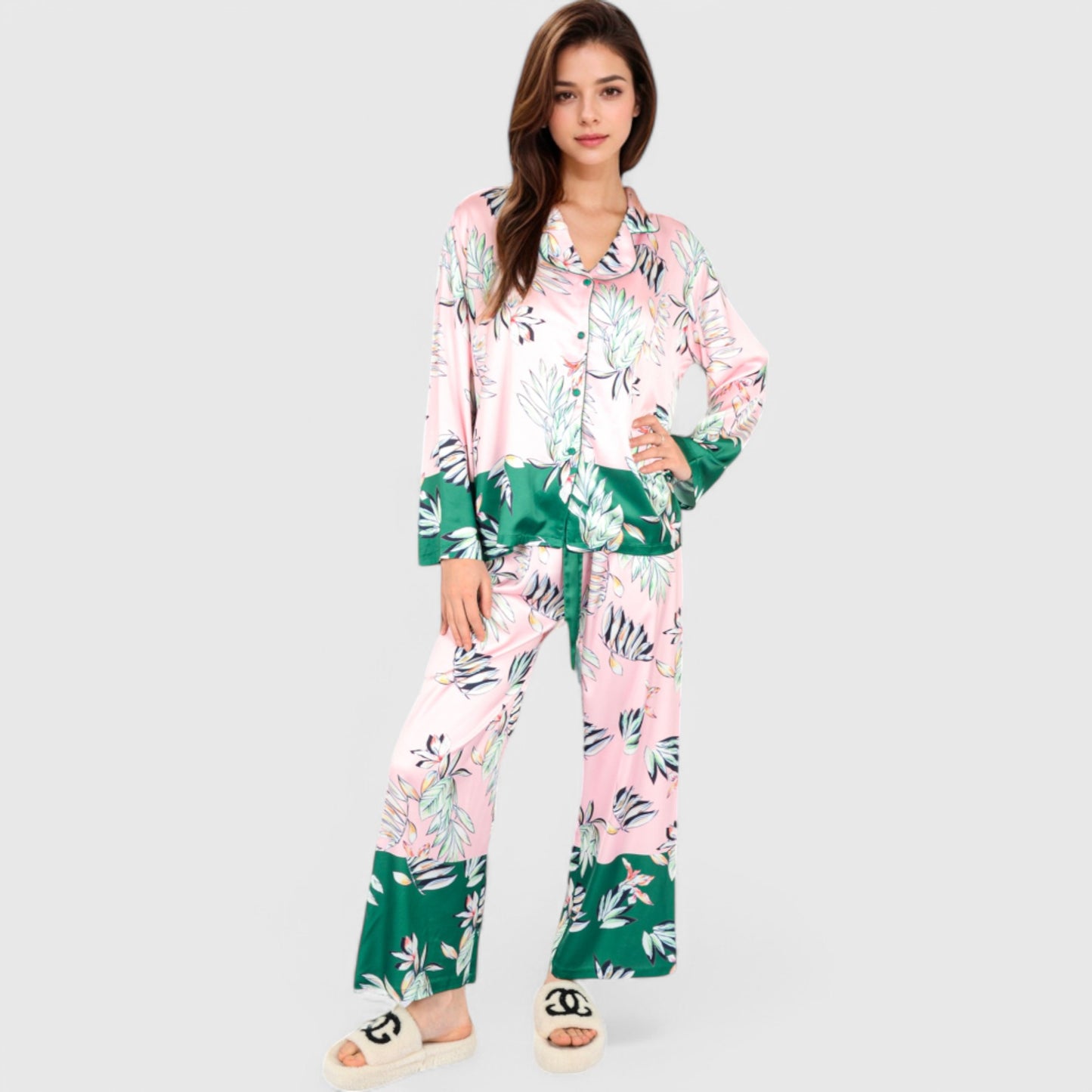 Anna-Kaci Lounge Women's Floral Satin Pajama Set with Button-Up Long Sleeve Top and Matching Pants