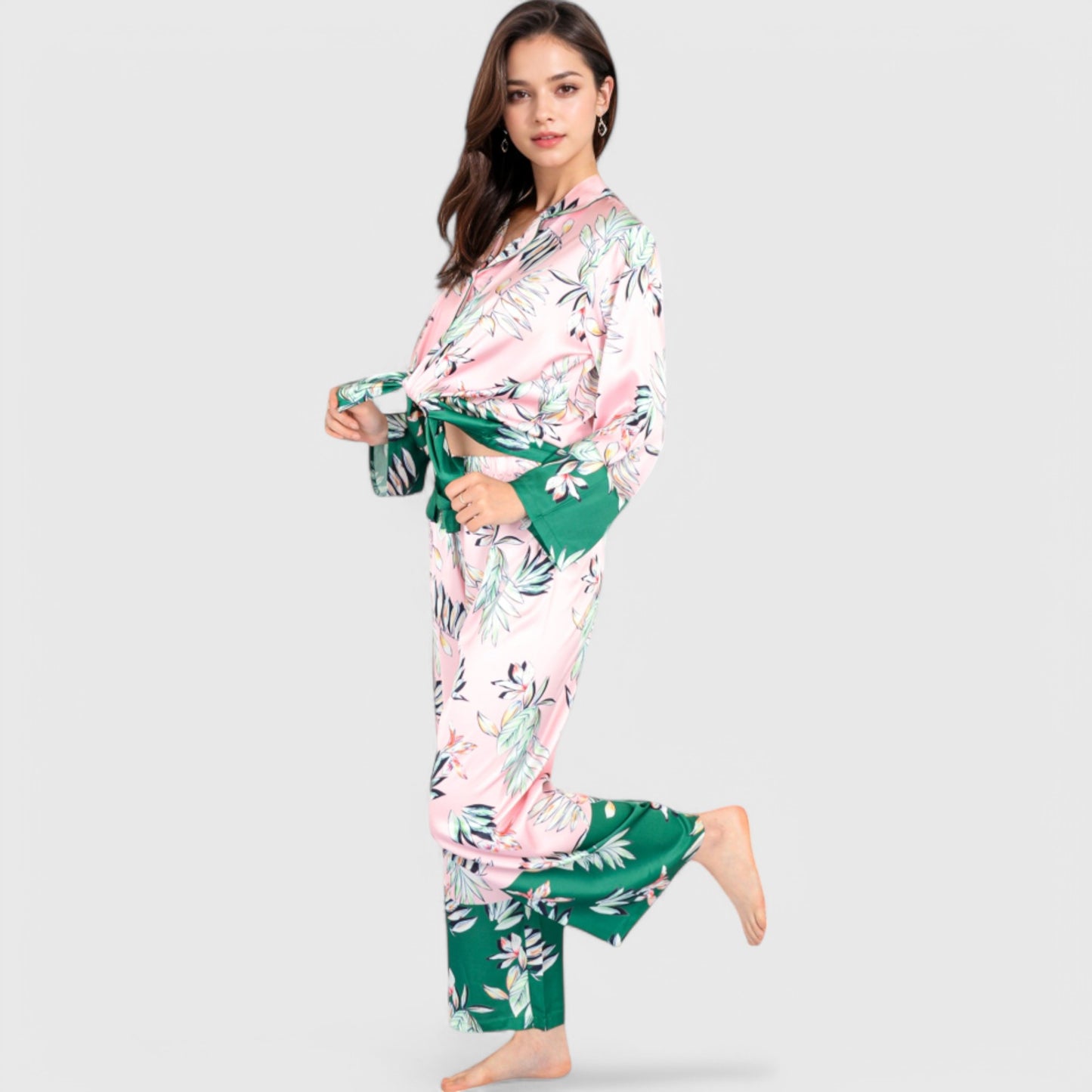 Anna-Kaci Lounge Women's Floral Satin Pajama Set with Button-Up Long Sleeve Top and Matching Pants