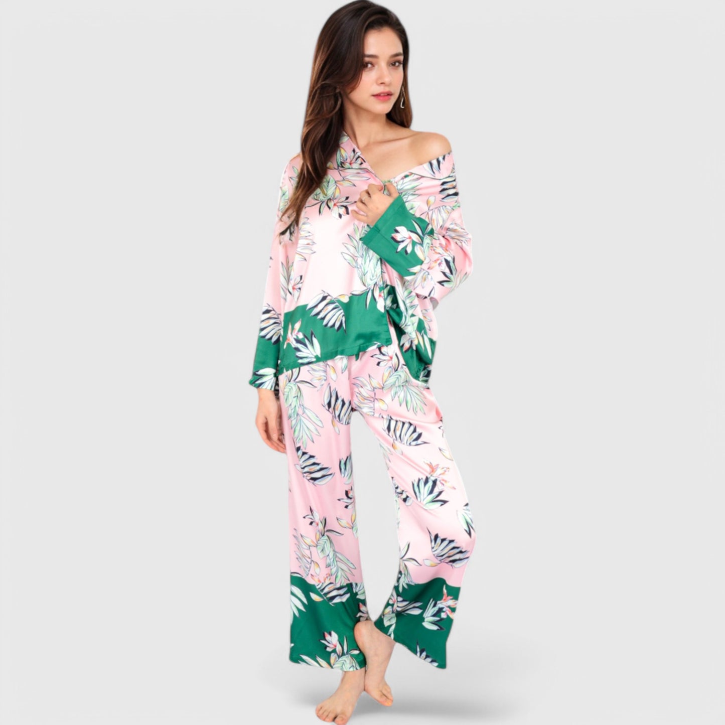 Anna-Kaci Lounge Women's Floral Satin Pajama Set with Button-Up Long Sleeve Top and Matching Pants