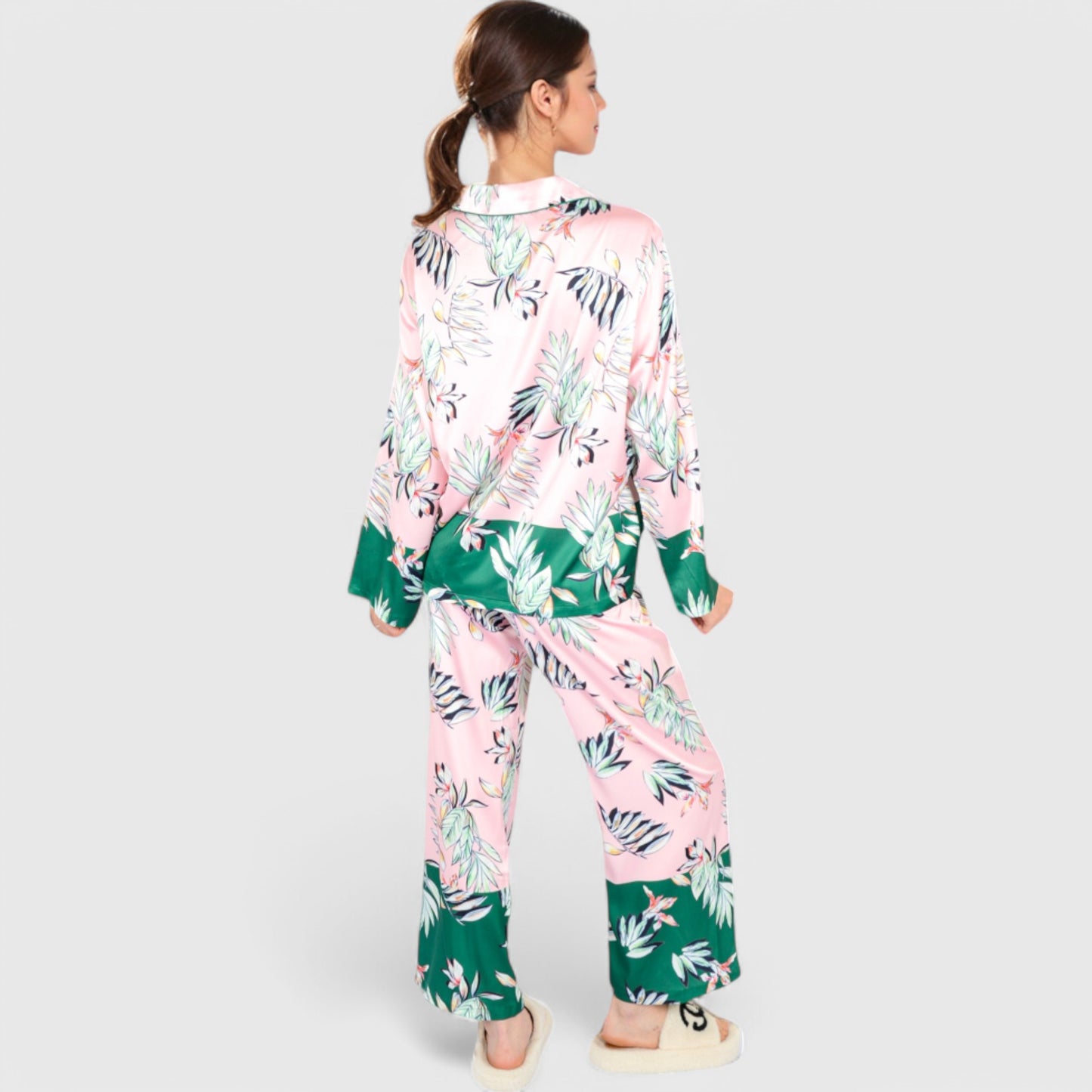 Anna-Kaci Lounge Women's Floral Satin Pajama Set with Button-Up Long Sleeve Top and Matching Pants