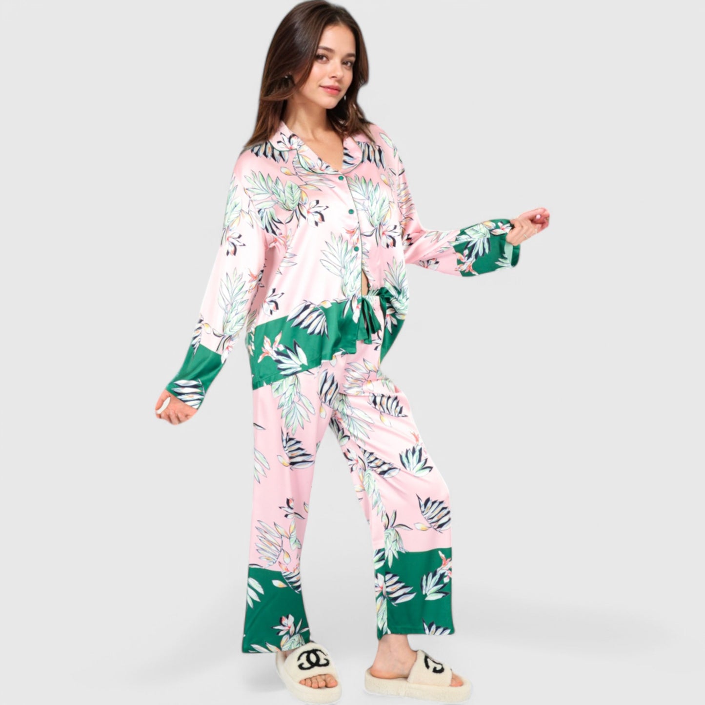 Anna-Kaci Lounge Women's Floral Satin Pajama Set with Button-Up Long Sleeve Top and Matching Pants