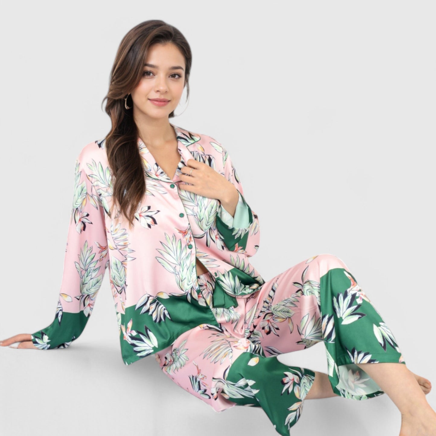 Anna-Kaci Lounge Women's Floral Satin Pajama Set with Button-Up Long Sleeve Top and Matching Pants