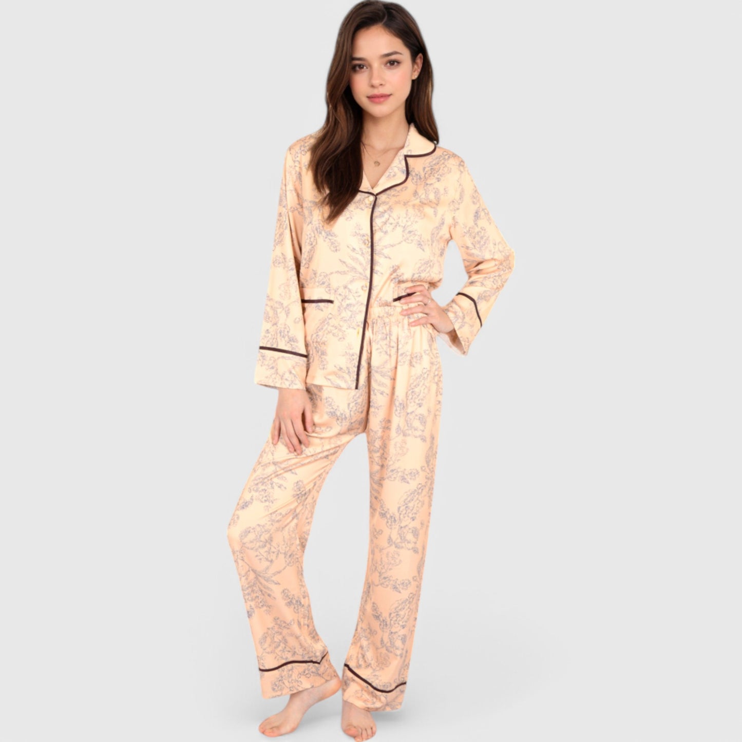 Anna-Kaci Lounge Women's Satin Pajama Set with Baroque Print Button-Up Top and Matching Pants