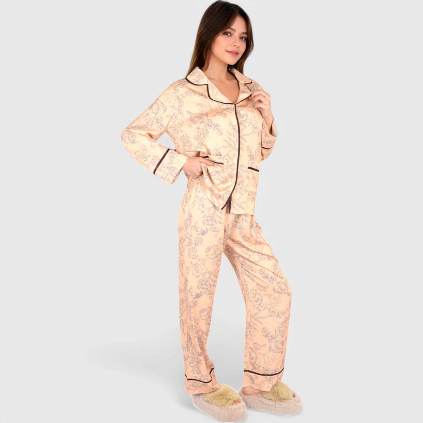 Anna-Kaci Lounge Women's Satin Pajama Set with Baroque Print Button-Up Top and Matching Pants