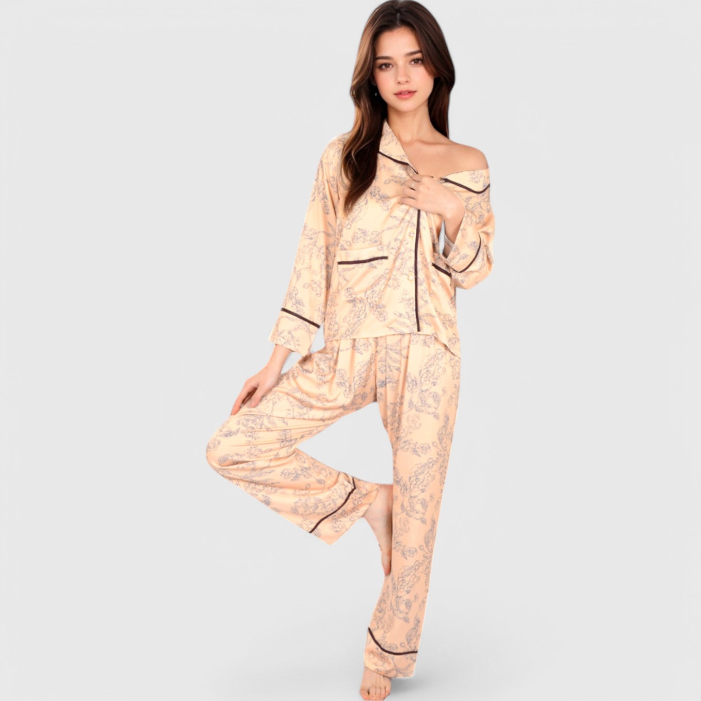 Anna-Kaci Lounge Women's Satin Pajama Set with Baroque Print Button-Up Top and Matching Pants