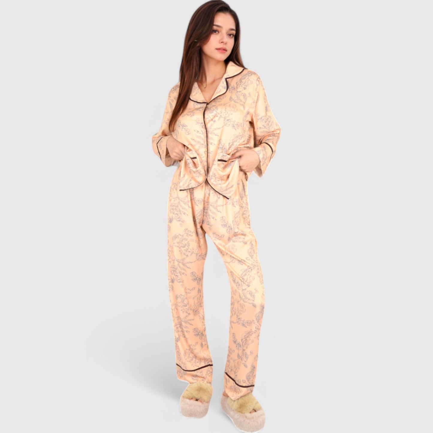 Anna-Kaci Lounge Women's Satin Pajama Set with Baroque Print Button-Up Top and Matching Pants