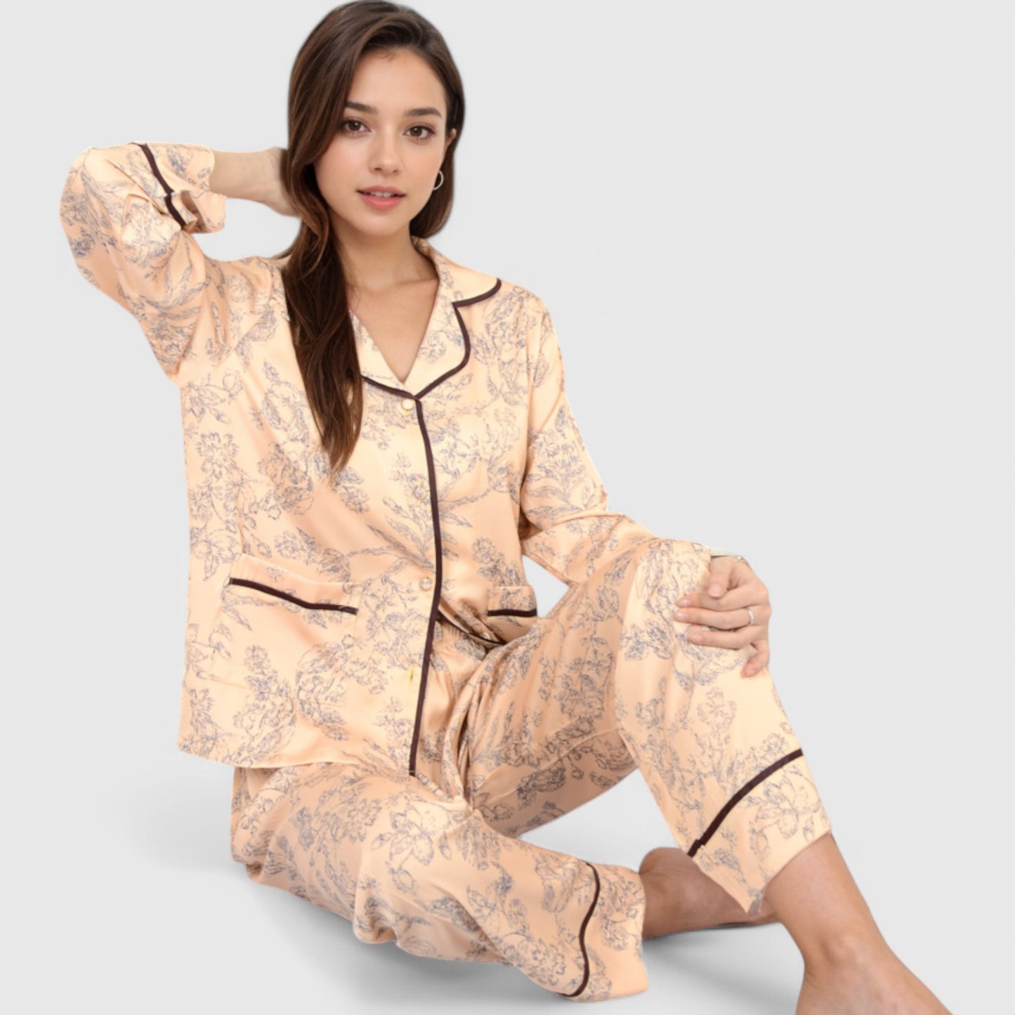 Anna-Kaci Lounge Women's Satin Pajama Set with Baroque Print Button-Up Top and Matching Pants