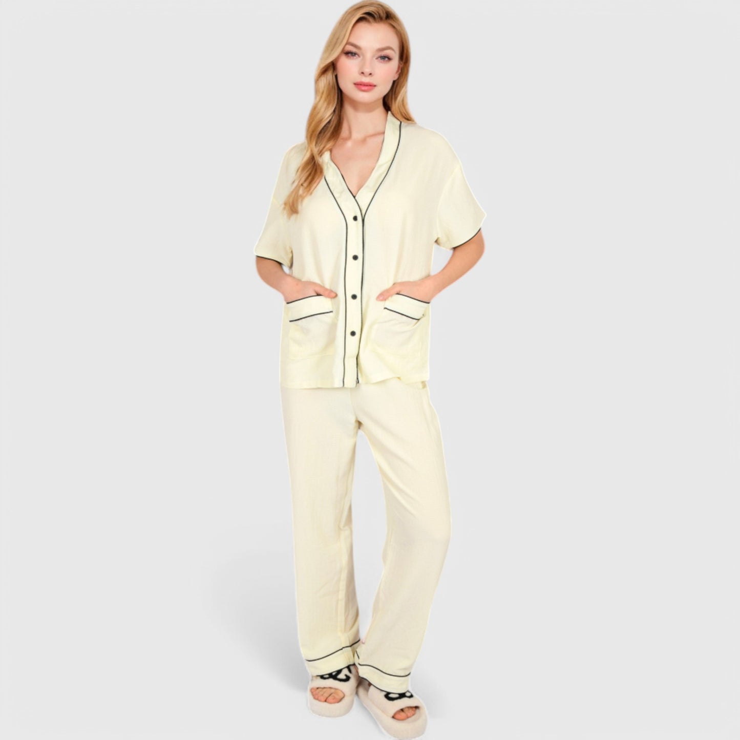 Anna-Kaci Lounge Women's Short Sleeve Button-Up Pajama Set with Contrast Piping and Front Pockets