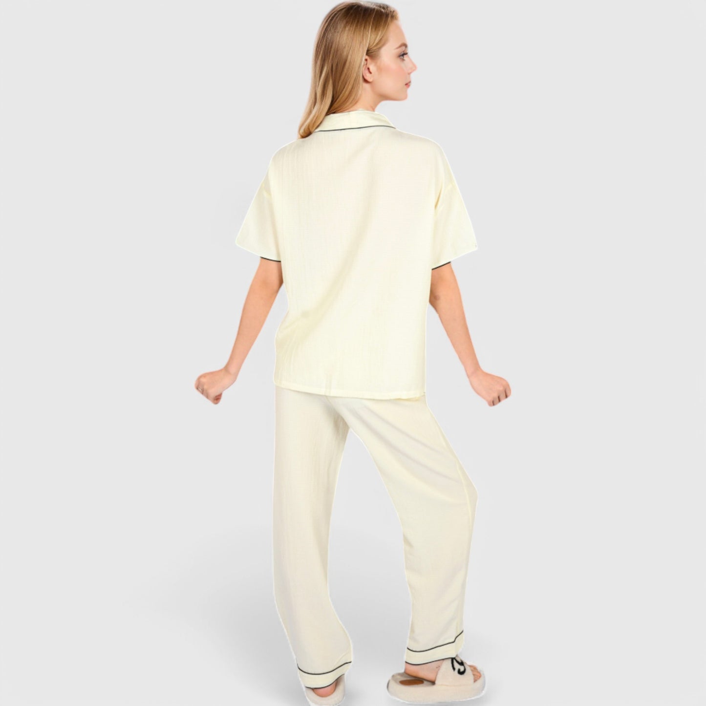 Anna-Kaci Lounge Women's Short Sleeve Button-Up Pajama Set with Contrast Piping and Front Pockets
