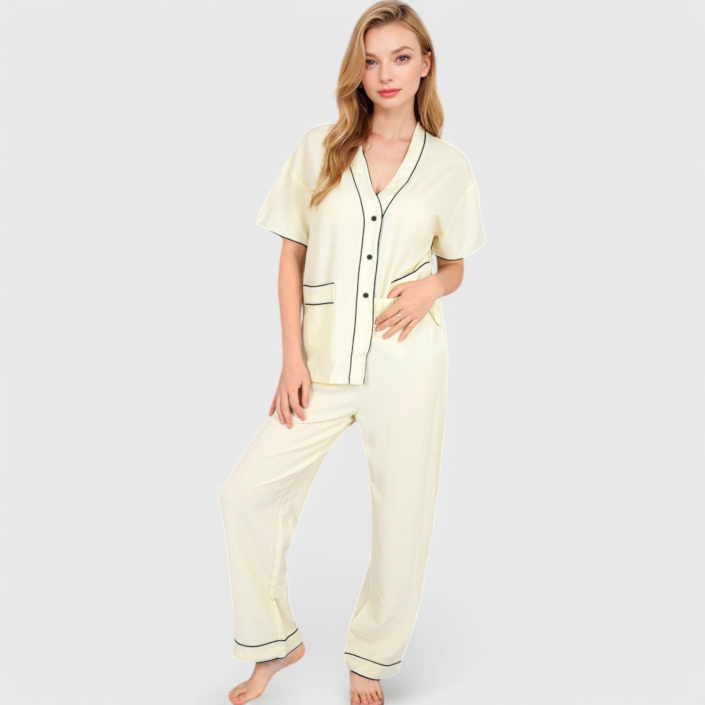 Anna-Kaci Lounge Women's Short Sleeve Button-Up Pajama Set with Contrast Piping and Front Pockets