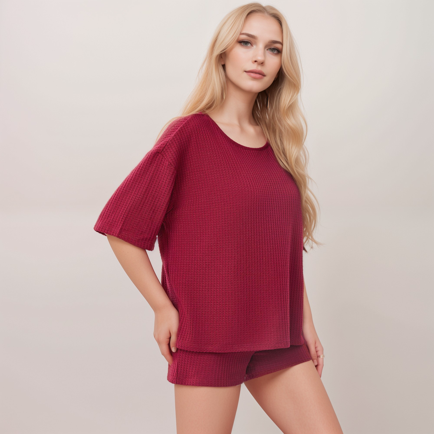 Anna-Kaci Lounge Women's Waffle Knit Short Sleeve Lounge Top and Shorts Set with Relaxed Fit