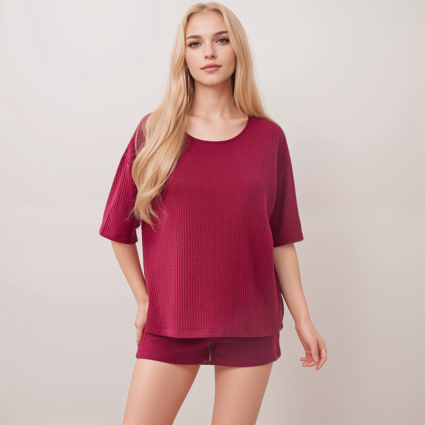 Anna-Kaci Lounge Women's Waffle Knit Short Sleeve Lounge Top and Shorts Set with Relaxed Fit
