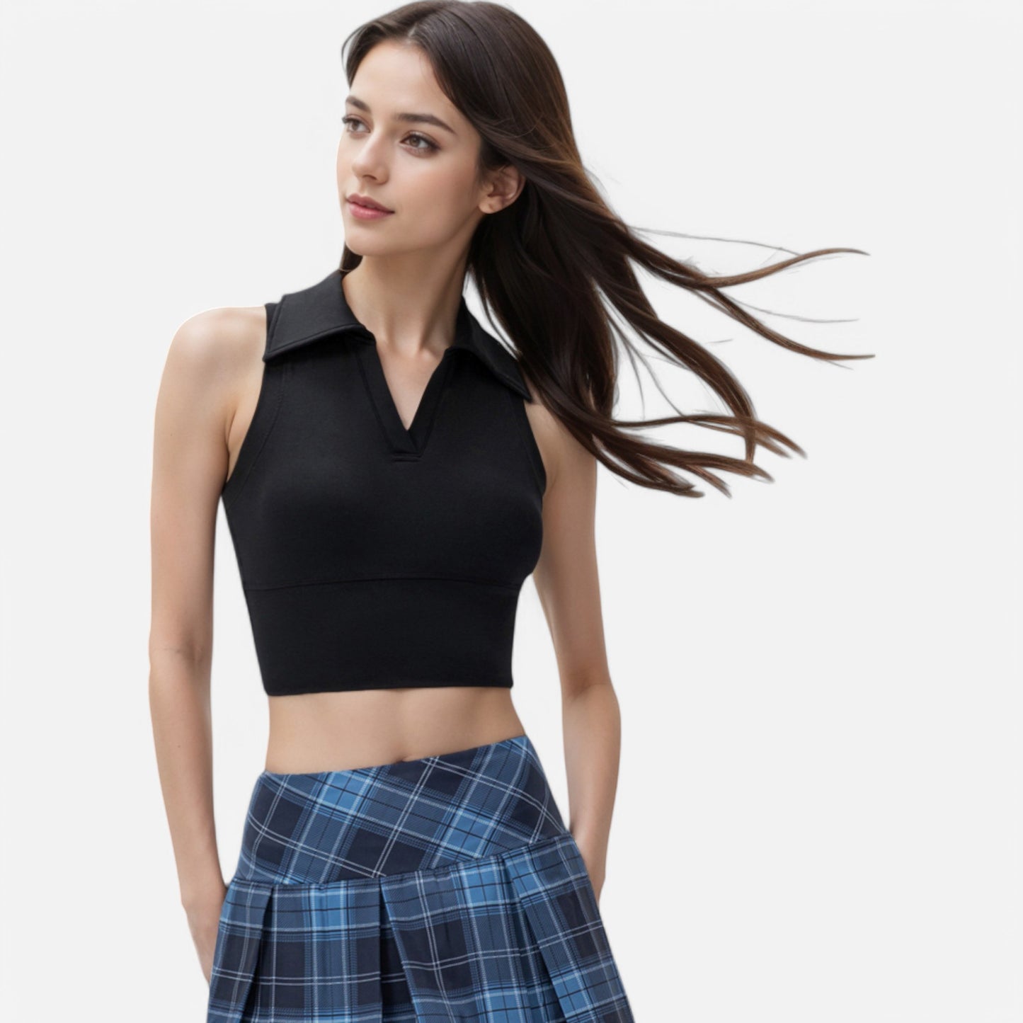 Anna-Kaci Women's Sleeveless Collared Crop Top with V-Neckline