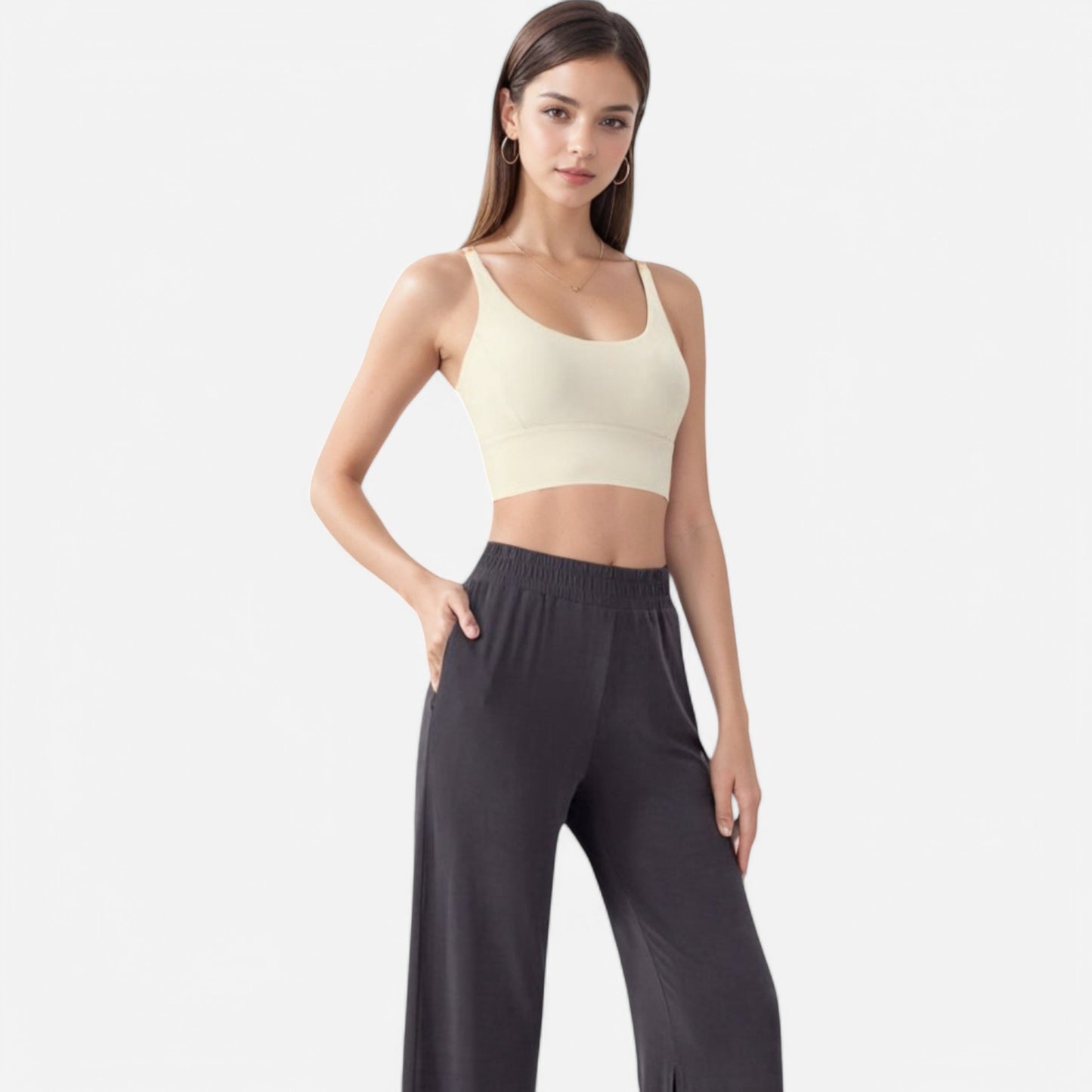 Anna-Kaci Women's Strappy Back Sports Bra with Contrast Detail and Scoop Neck