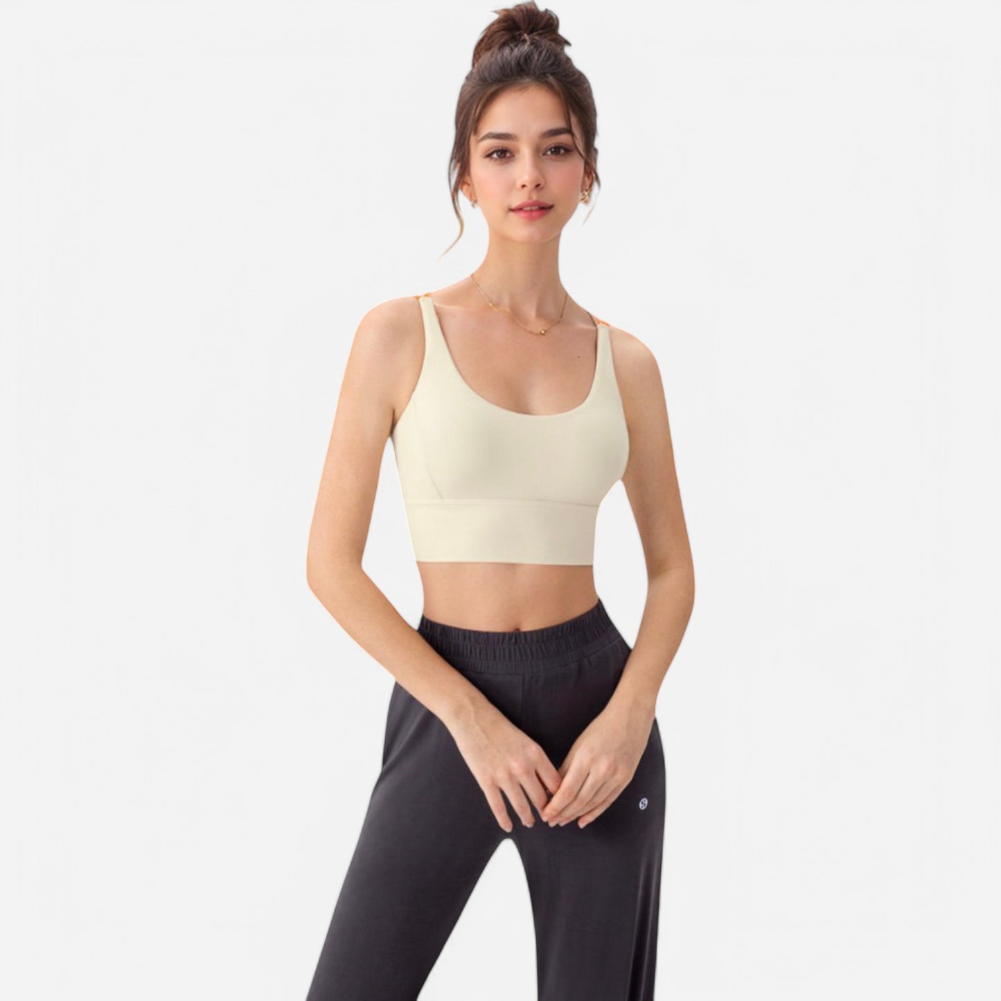 Anna-Kaci Women's Strappy Back Sports Bra with Contrast Detail and Scoop Neck
