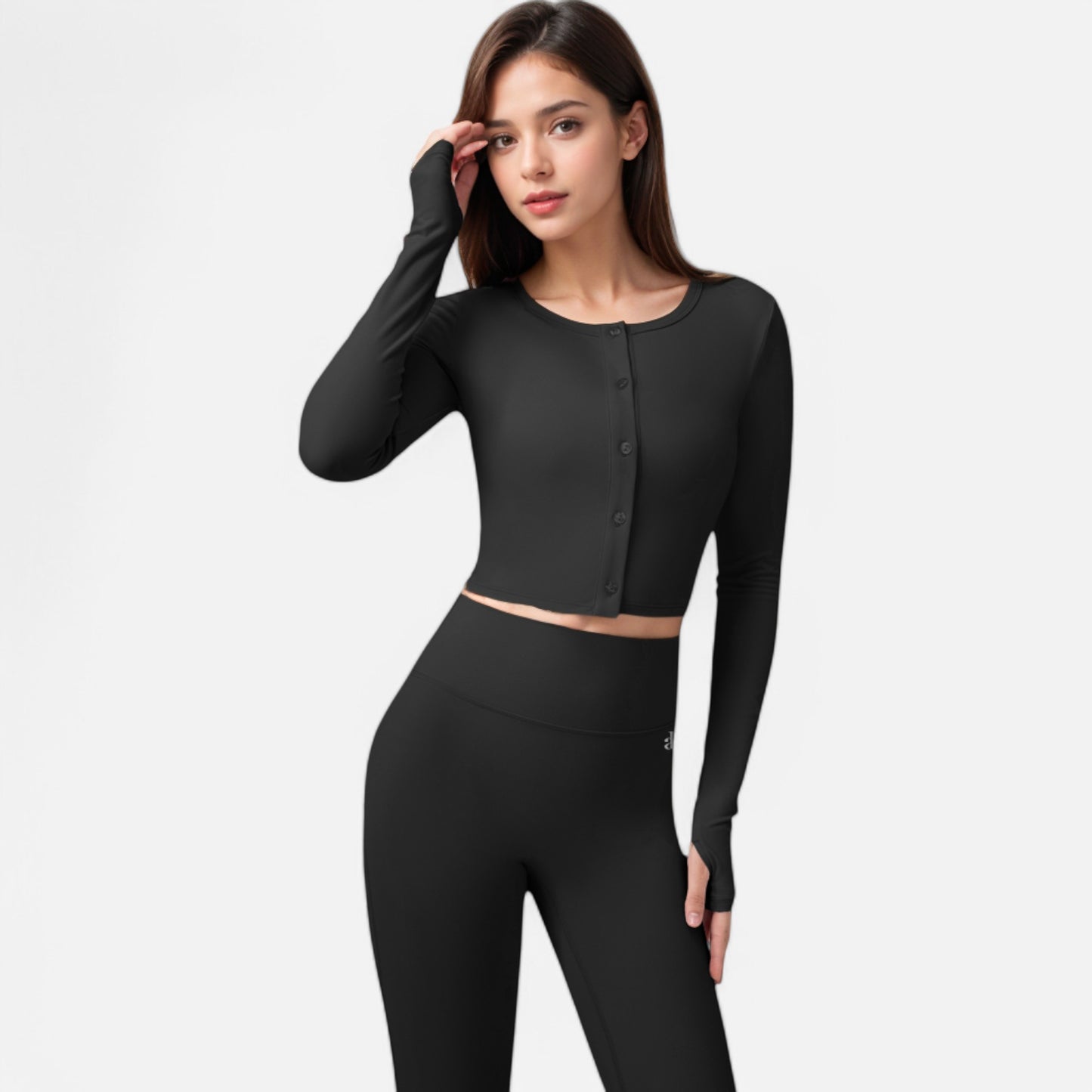 Anna-Kaci Women's Cropped Button-Front Long Sleeve Top with Thumbholes