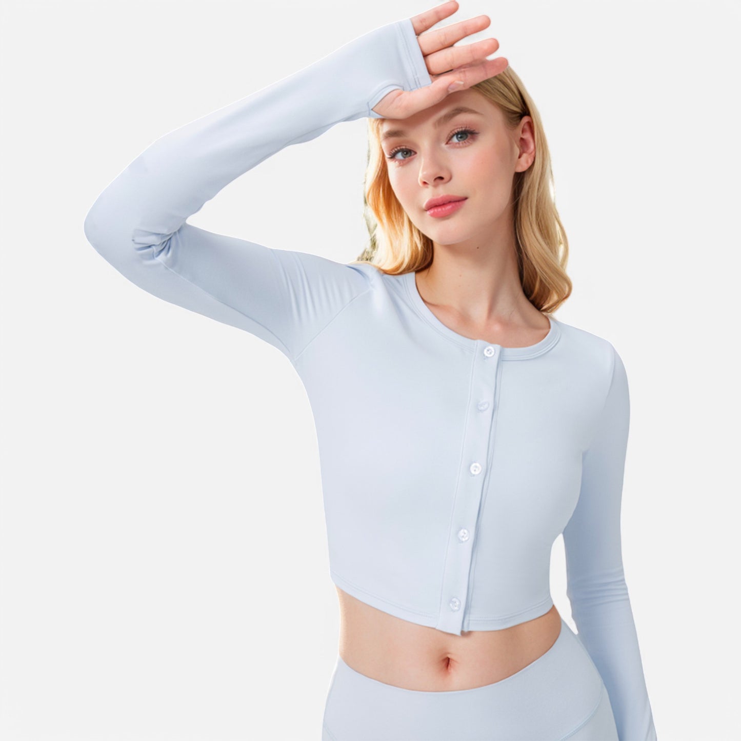 Anna-Kaci Women's Cropped Button-Front Long Sleeve Top with Thumbholes