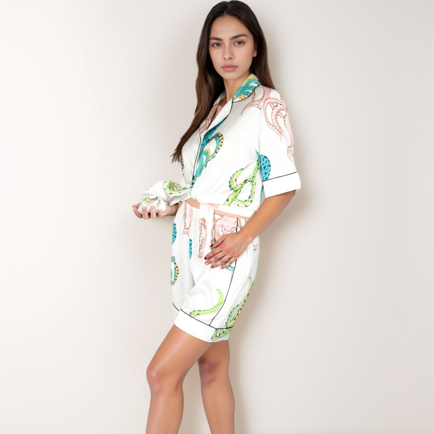 Anna-Kaci Lounge Women's Short Sleeve Button Front Satin Pajama Set with Ocean Print Design