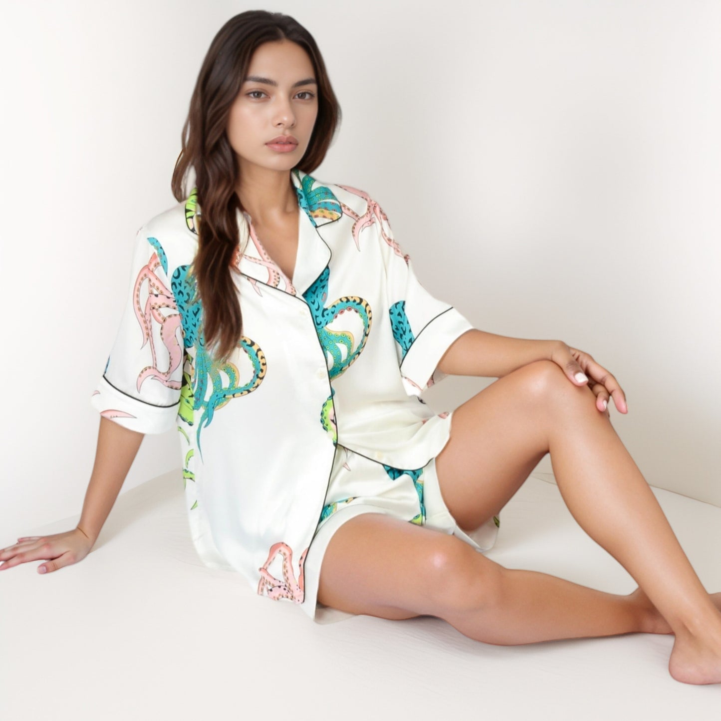Anna-Kaci Lounge Women's Short Sleeve Button Front Satin Pajama Set with Ocean Print Design