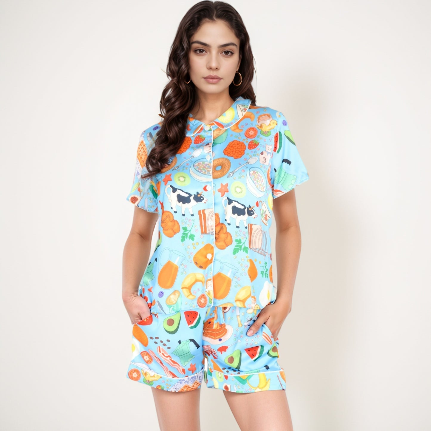 Anna-Kaci Women's Breakfast Print Pajama Set with Short Sleeve Button-Up Top and Elastic Waist Shorts Two-Piece Sleepwear