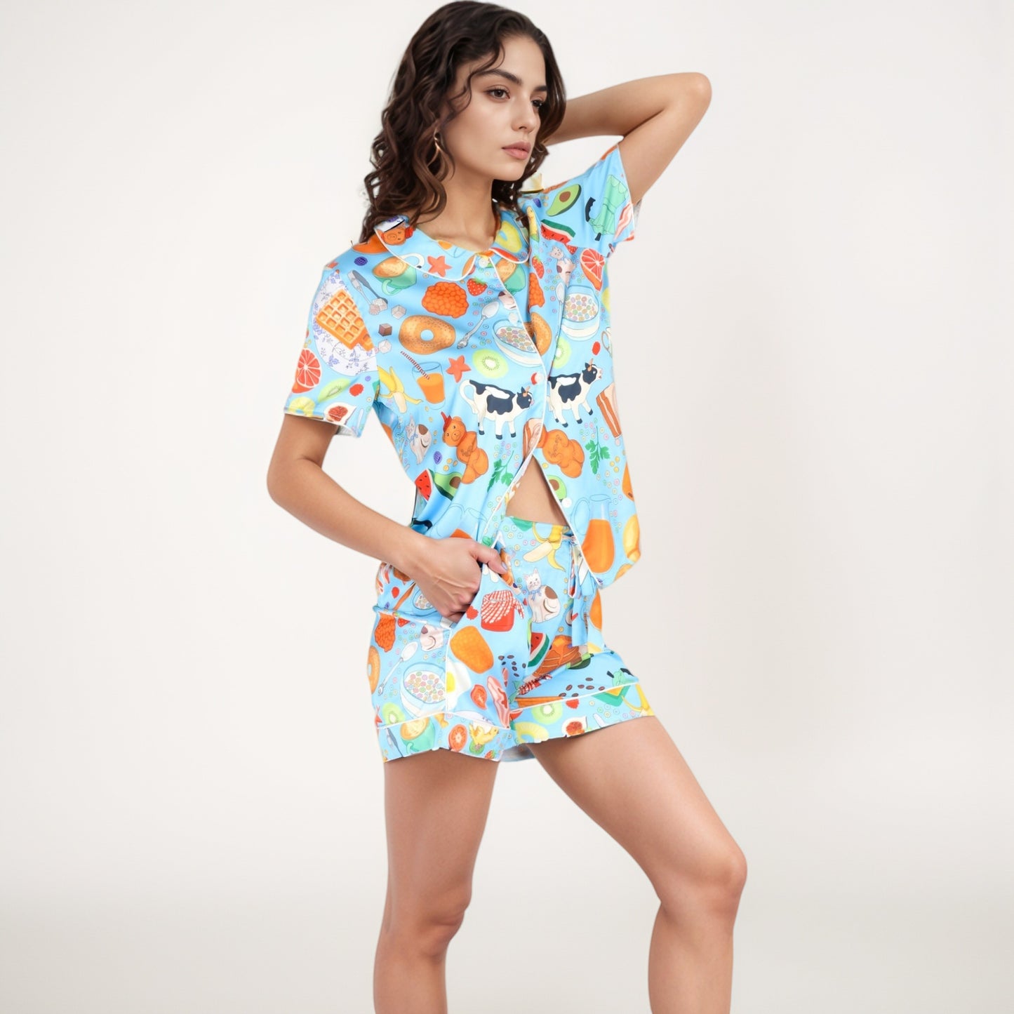 Anna-Kaci Women's Breakfast Print Pajama Set with Short Sleeve Button-Up Top and Elastic Waist Shorts Two-Piece Sleepwear