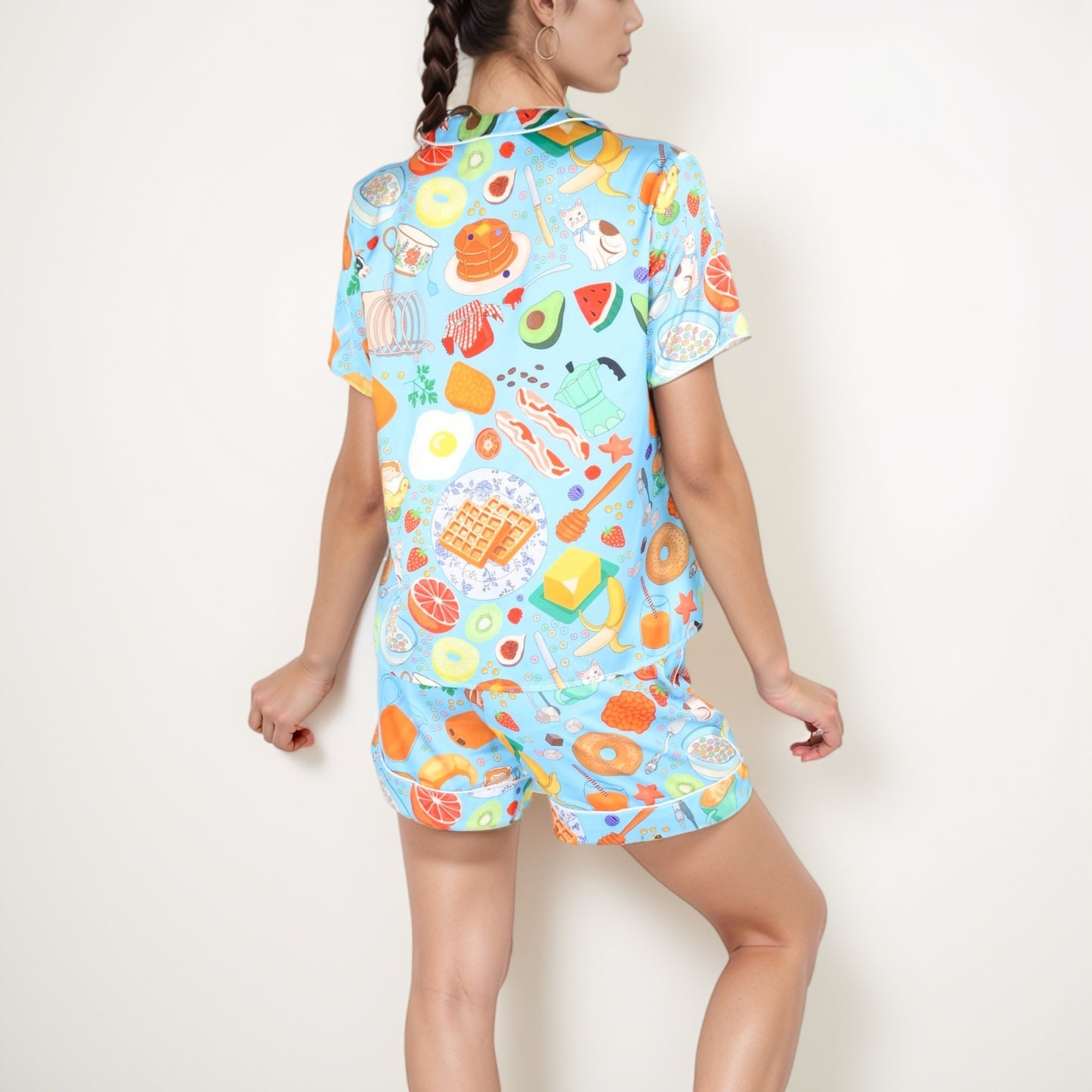 Anna-Kaci Women's Breakfast Print Pajama Set with Short Sleeve Button-Up Top and Elastic Waist Shorts Two-Piece Sleepwear