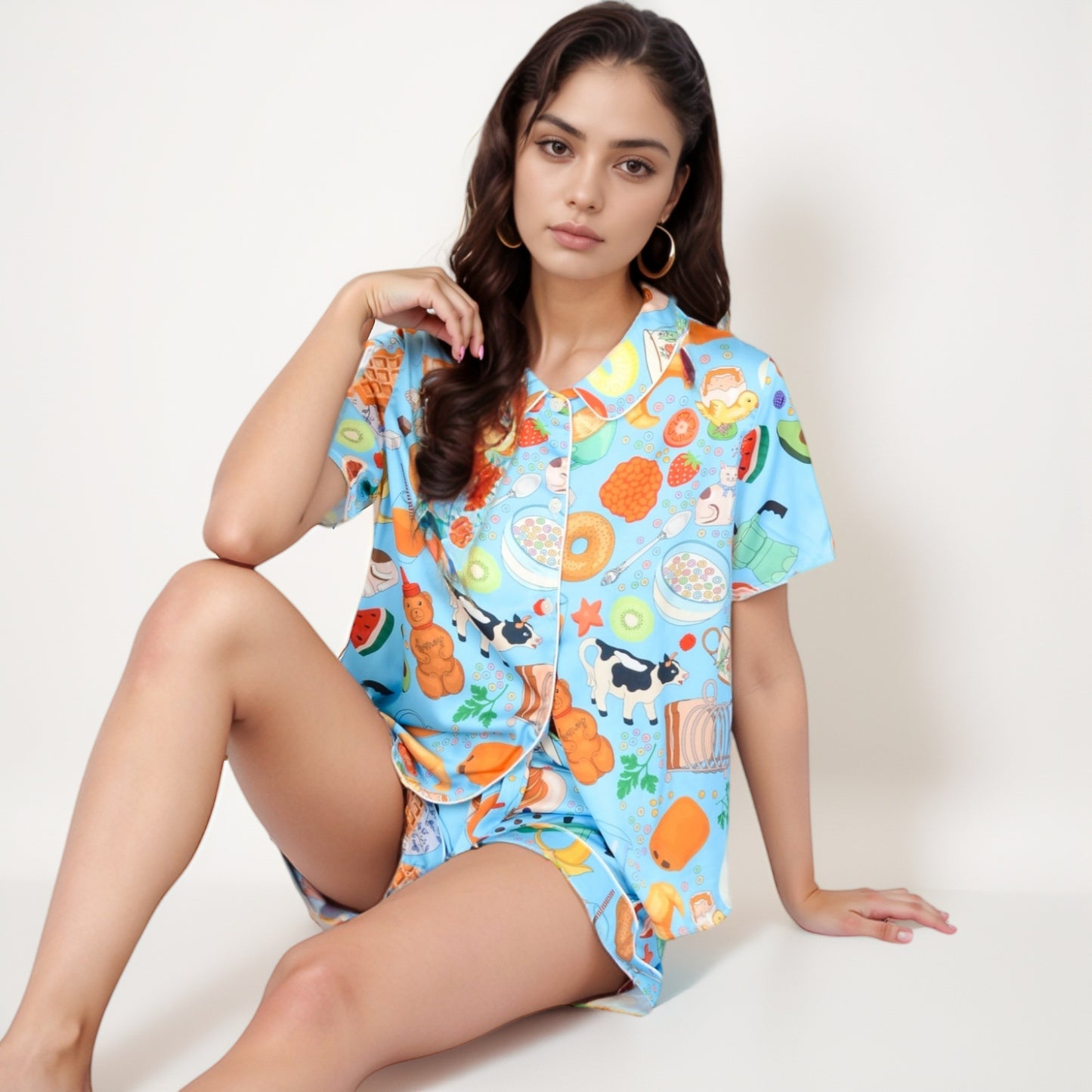 Anna-Kaci Women's Breakfast Print Pajama Set with Short Sleeve Button-Up Top and Elastic Waist Shorts Two-Piece Sleepwear