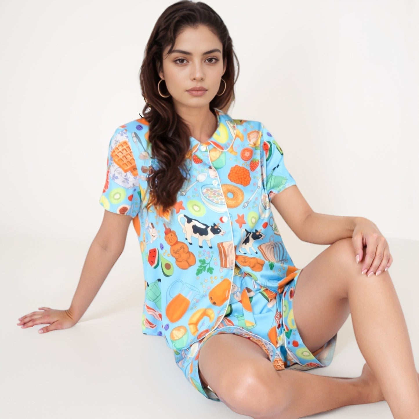 Anna-Kaci Women's Breakfast Print Pajama Set with Short Sleeve Button-Up Top and Elastic Waist Shorts Two-Piece Sleepwear