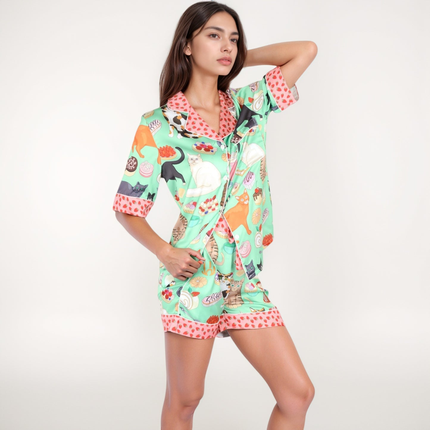 Anna-Kaci Women's Cat and Dessert Print Pajama Set with Short Sleeve Button-Up Top and Strawberry Trim Shorts