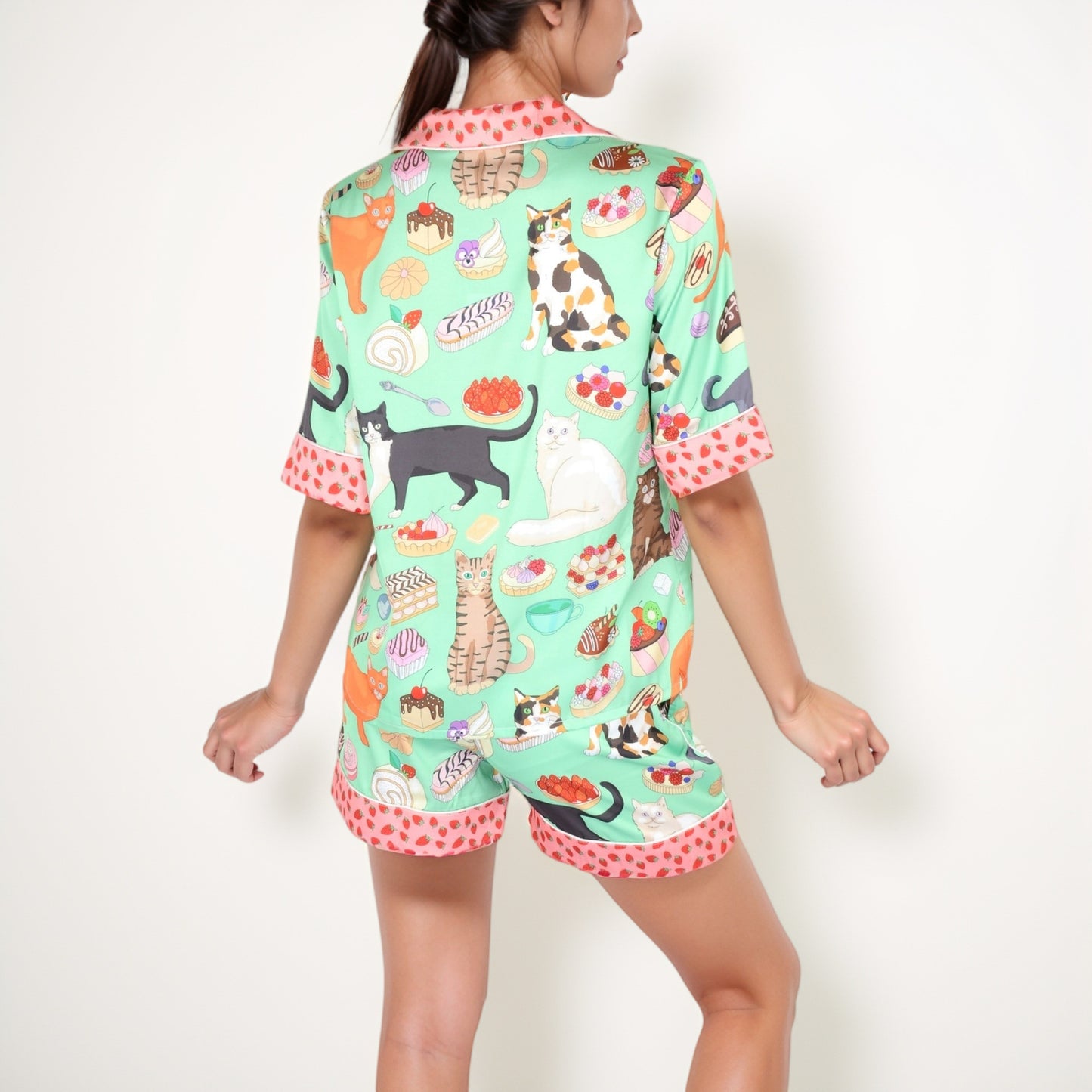 Anna-Kaci Women's Cat and Dessert Print Pajama Set with Short Sleeve Button-Up Top and Strawberry Trim Shorts