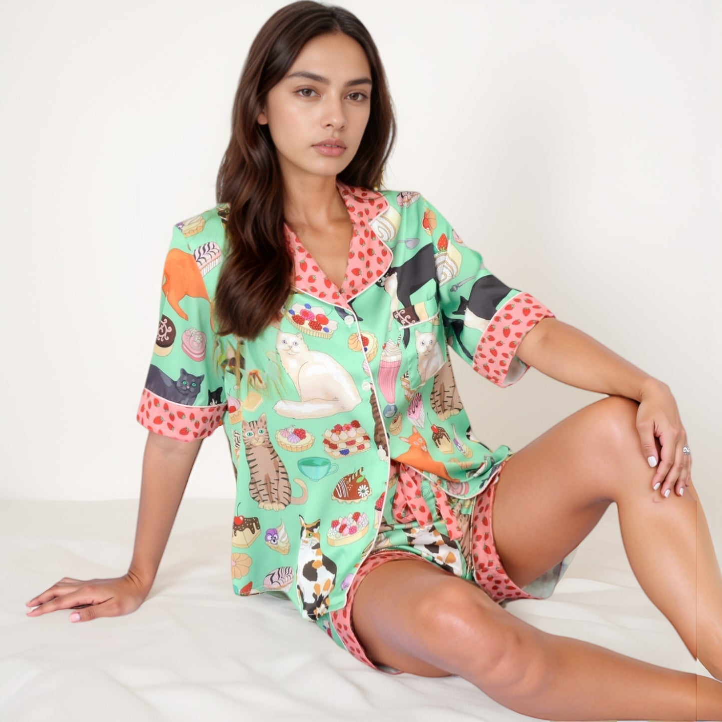 Anna-Kaci Women's Cat and Dessert Print Pajama Set with Short Sleeve Button-Up Top and Strawberry Trim Shorts