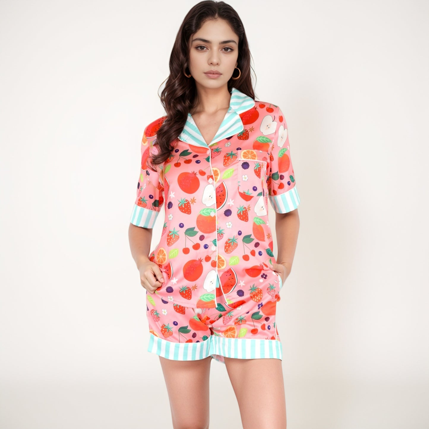 Anna-Kaci Women's Colorful Fruit Print Pajama Set with Short Sleeve Button-Up Top and Striped Trim Shorts