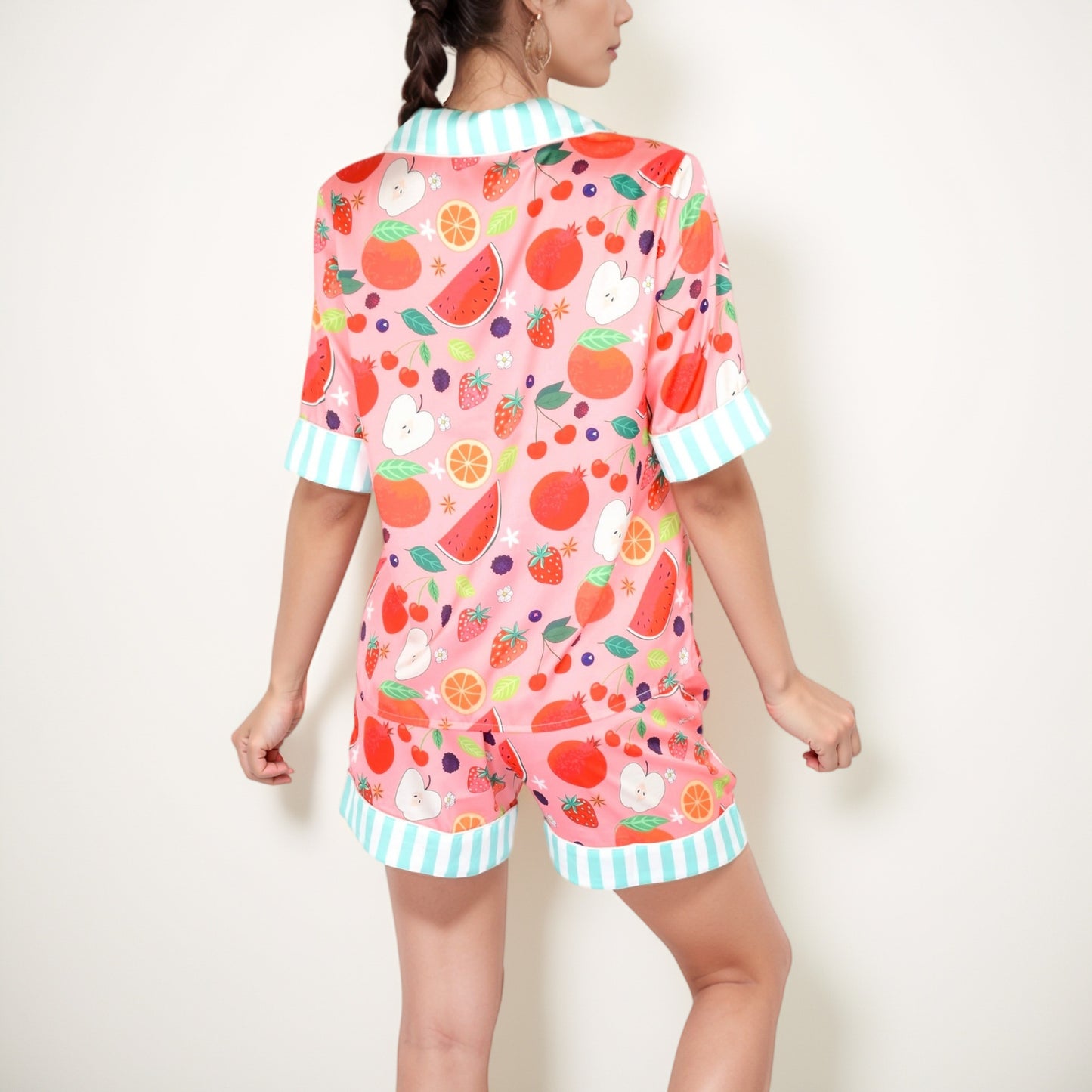 Anna-Kaci Women's Colorful Fruit Print Pajama Set with Short Sleeve Button-Up Top and Striped Trim Shorts