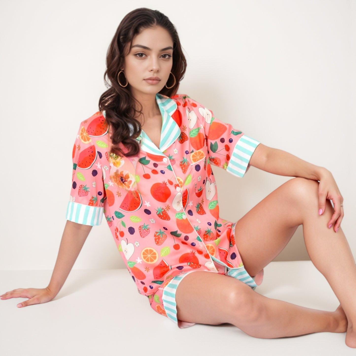Anna-Kaci Women's Colorful Fruit Print Pajama Set with Short Sleeve Button-Up Top and Striped Trim Shorts